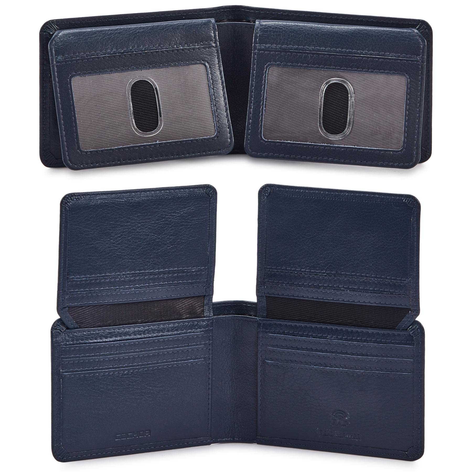Mens Wallet Real Leather Bifold RFID Blocking High Capacity Card Case with 2 ID Window in Gift Box (Nappa, Midnight Navy)