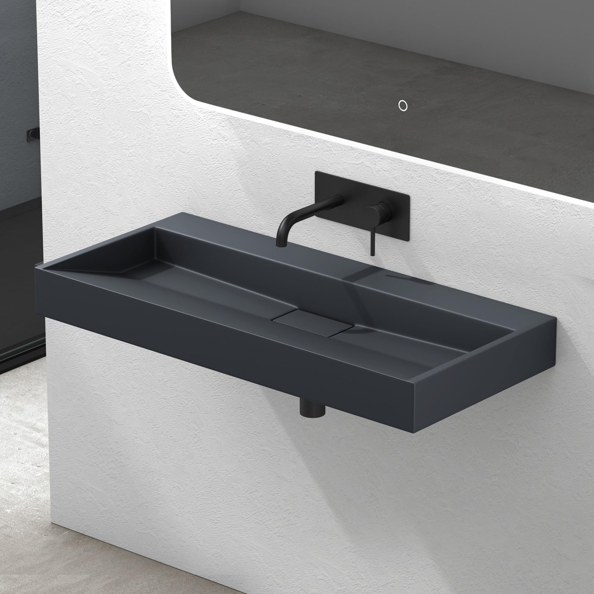 Mai & Mai Lavabo antracita mate de mármol fundido con válvula de desagüe 100x46x11cm lavabo rectangular sin orificio para grifo lavabo sobre encimera lavabo Colgante Col19