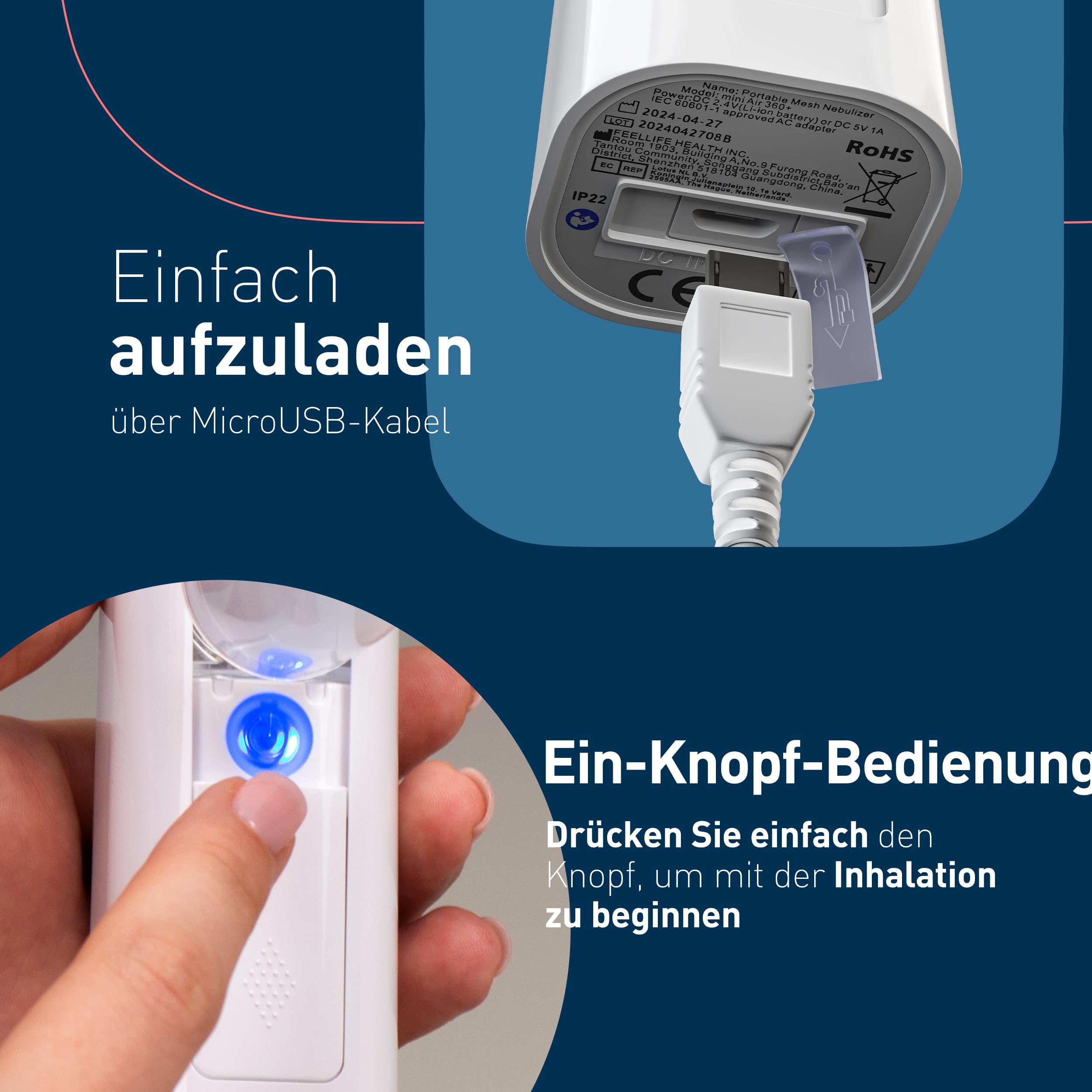 mini Air 360+ vertrieben von OMRON | Tragbares, geräuschloses Inhalationsgerät für Erwachsene & Kinder | Inhalator inkl. zwei Masken+Mundstück | Linderung von Husten & Erkältung | Laden mit Micro-USB