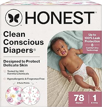 The Honest Company Comfort Dry Disposable Daytime Diapers for Sensitive Skin, Hypoallergenic, Rose Blossom + Tutu Cute, Club Box Size 1 814 lbs, 78 Count