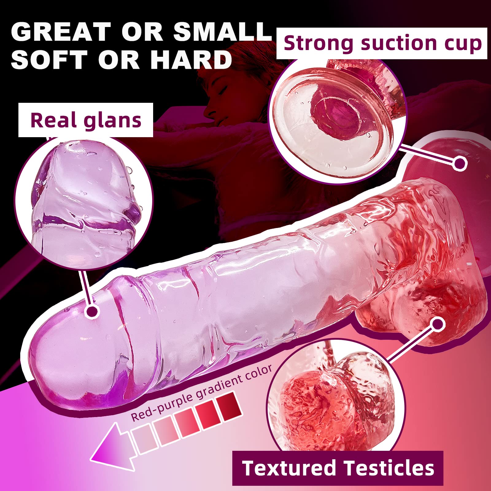 Realistic Dildo Clear Silicone 7.8" Purple-Red Gradient Dildo with Strong Suction Cup for Women Hand Free Play Flexible Soft Penis Dong, Adult Sex G-spot Dildos Toys for Vaginal and Anal Stimulation