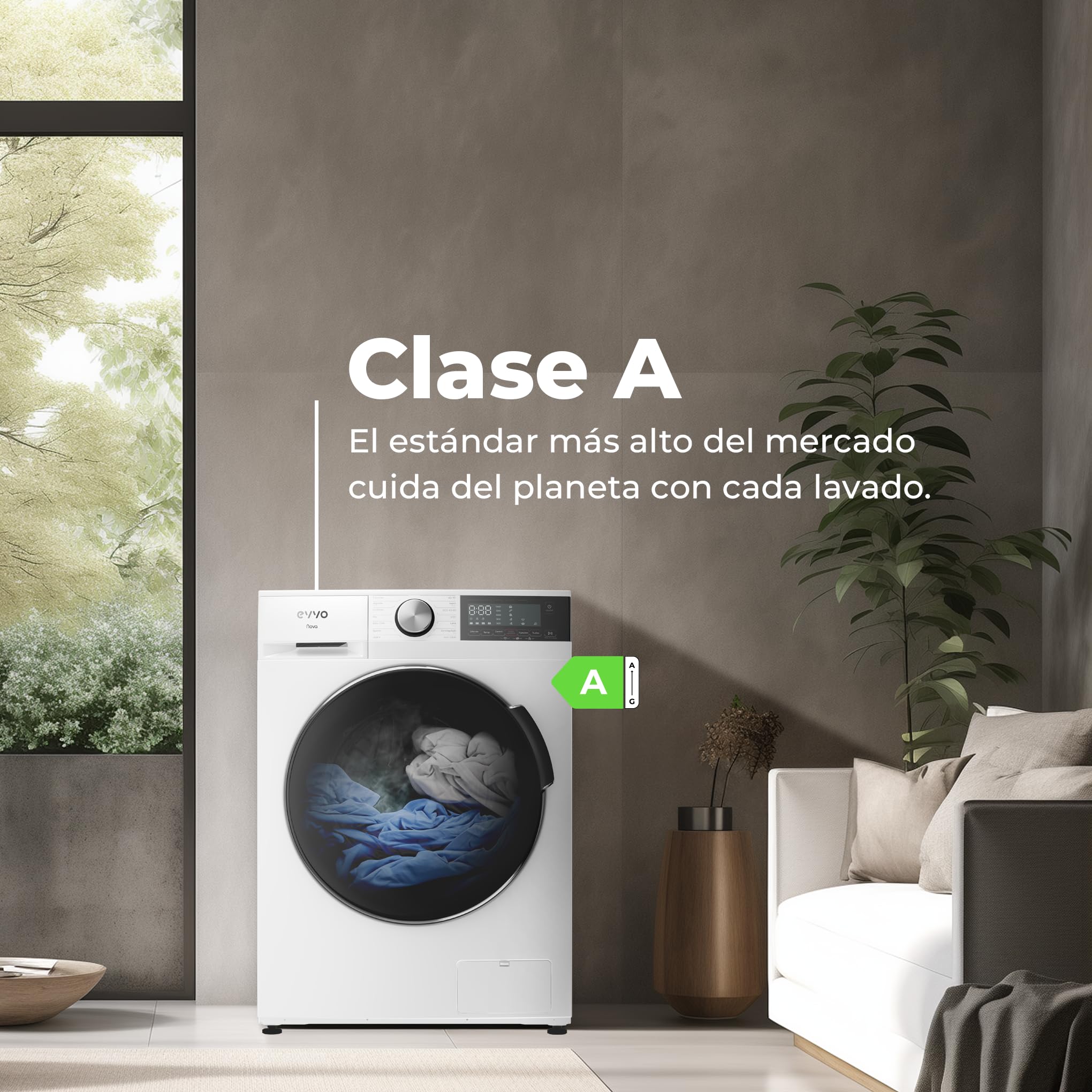 EVVO Lavadora 8kg, Vapor, Bajo consumo, Clase A, Motor Inverter, Hygiene Pro, Lavado Rápido 15', Tambor ePROTECT, SMART LOAD, 1400 rpm, 13 programas, Carga frontal, Nova (8Kg, Inox)