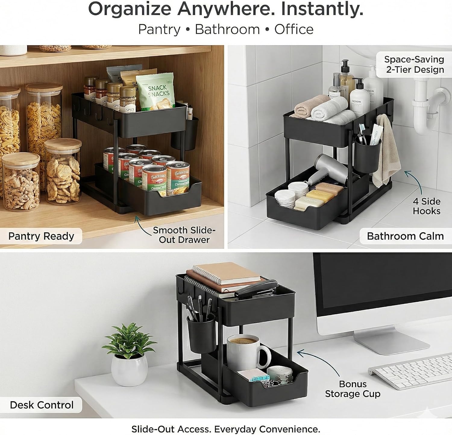 Under Sink Organizer – 2 Tier Sliding cabinet organizer with 4 Hooks & 1 Cup | Multi-Purpose Space Saving Shelf for under kitchen sink storage, Countertop, Bathroom, Pantry & Office Organization - Image 7