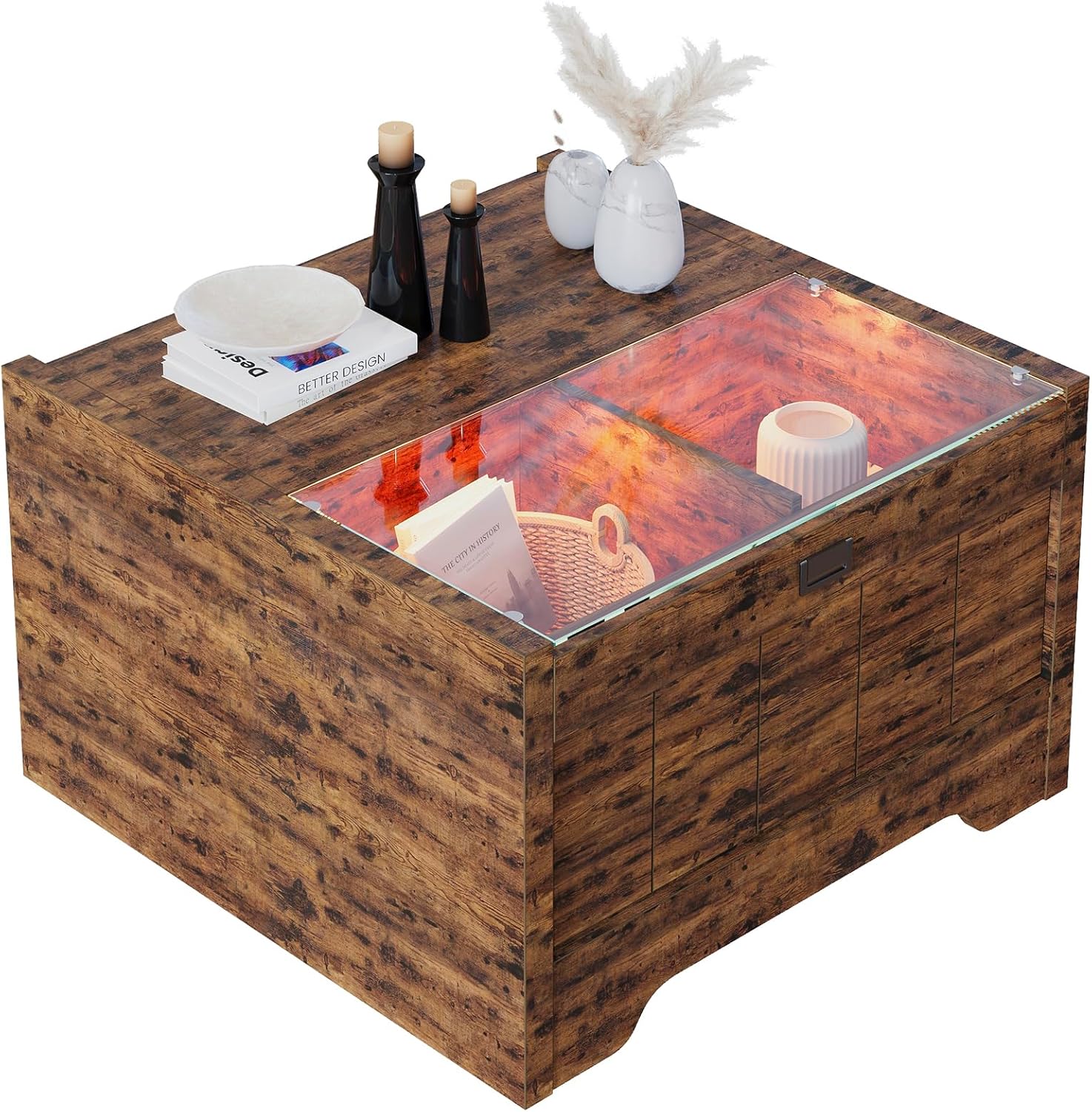 Bestier 31.5" Farmhouse Coffee Table with Storage, LED Square Coffee Tables for Living Room, Wood Center Table with Large Hidden Storage for Home Office, Rustic Brown