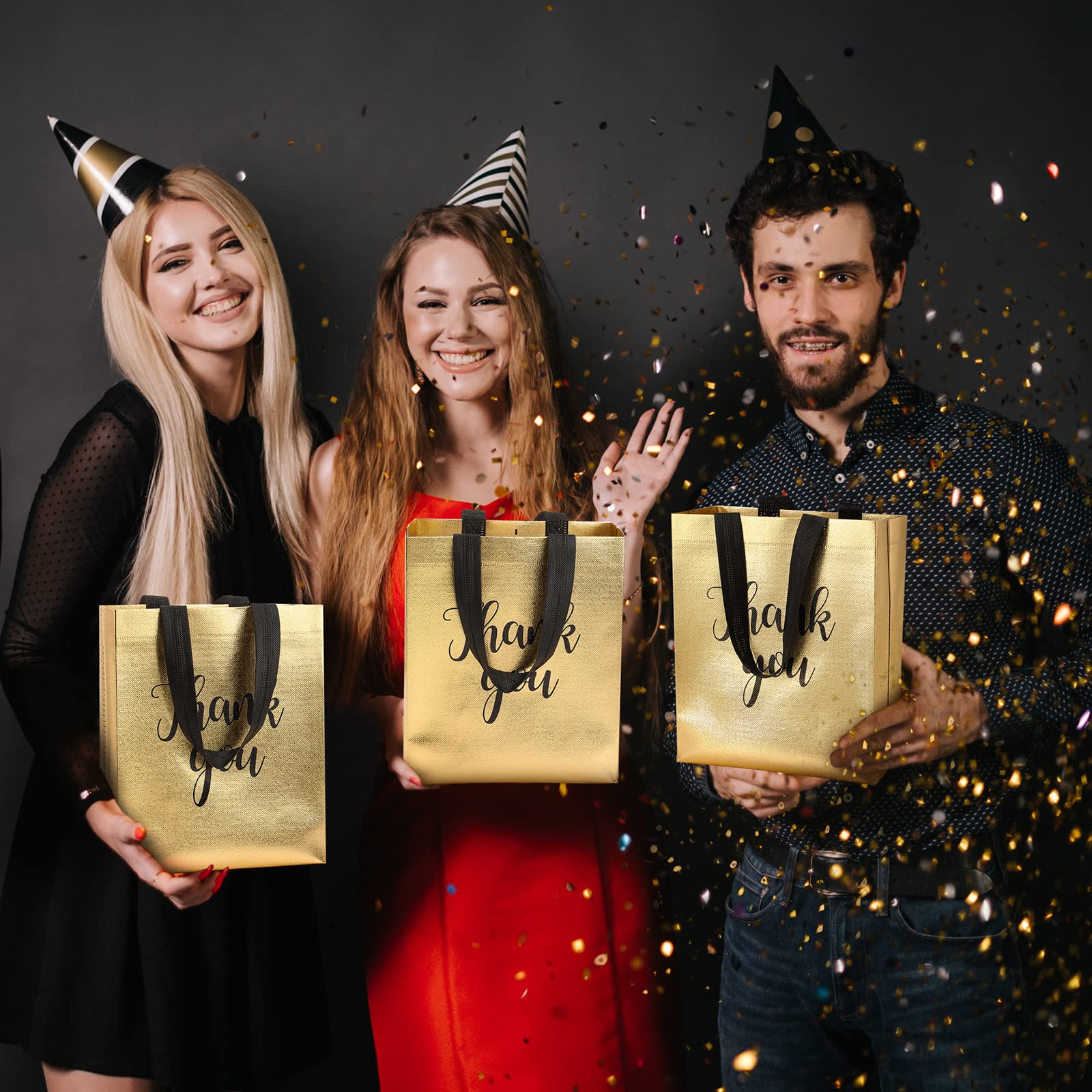 Fumete 50 Pcs Gold Glossy Thank You Gift Bag with Handles 8 x 4 x 10 Inch Non Woven Reusable Gift Bags for Graduation Fathers Day Wedding Birthday Party Engagement Anniversary Holidays