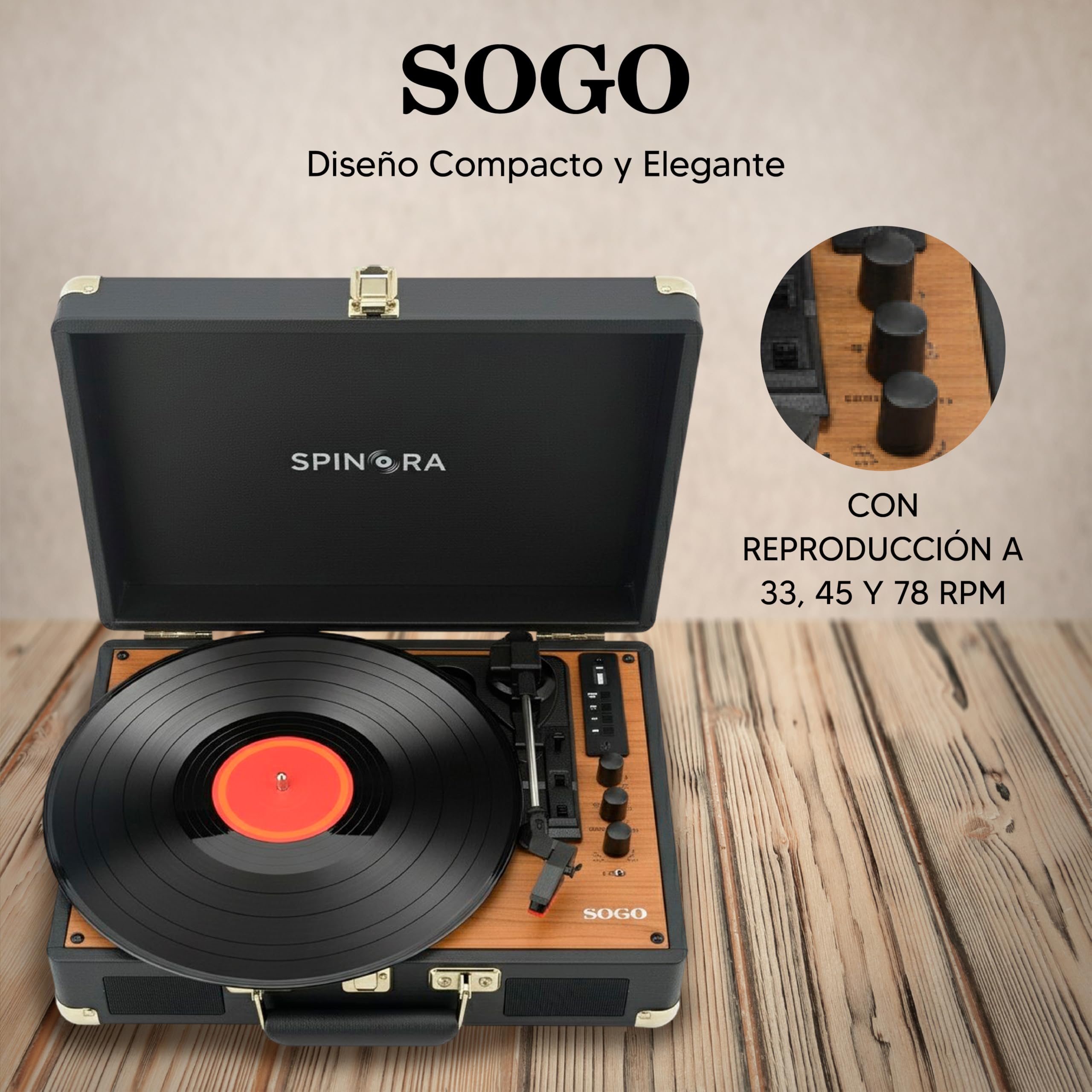 SOGO Tocadiscos Vinilo Bluetooth con Altavoz Integrado Reproduce 33 45 78 RPM - Tocadiscos Retro Moderno con Altavoz Interno - Toca Discos Vinilo Portátil con Diseño Compacto y Elegante