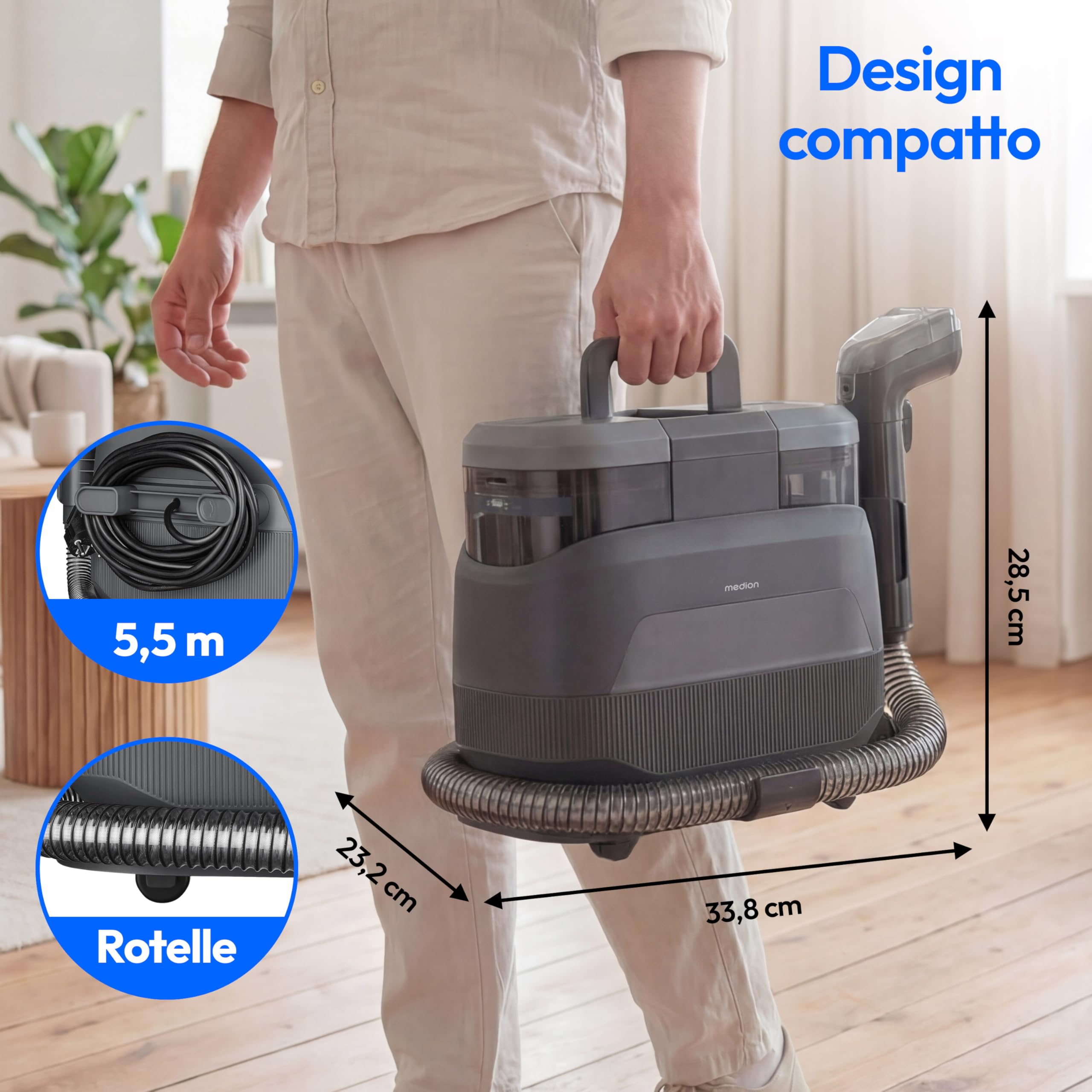 MEDION X10 UC Pulitore per tappezzeria lava aspiraliquidi (Aspiratore a umido per tappezzeria, tappeti e sedili auto, acqua fredda, acqua calda, vapore, serbatoio acqua pulita e sporca, MD100123)
