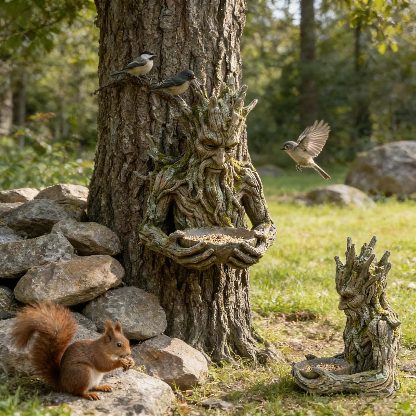 Scultura mangiatoia per uccelli, design in resina integrata con albero, decorazione da giardino, scultura millenaria per cortile e patio