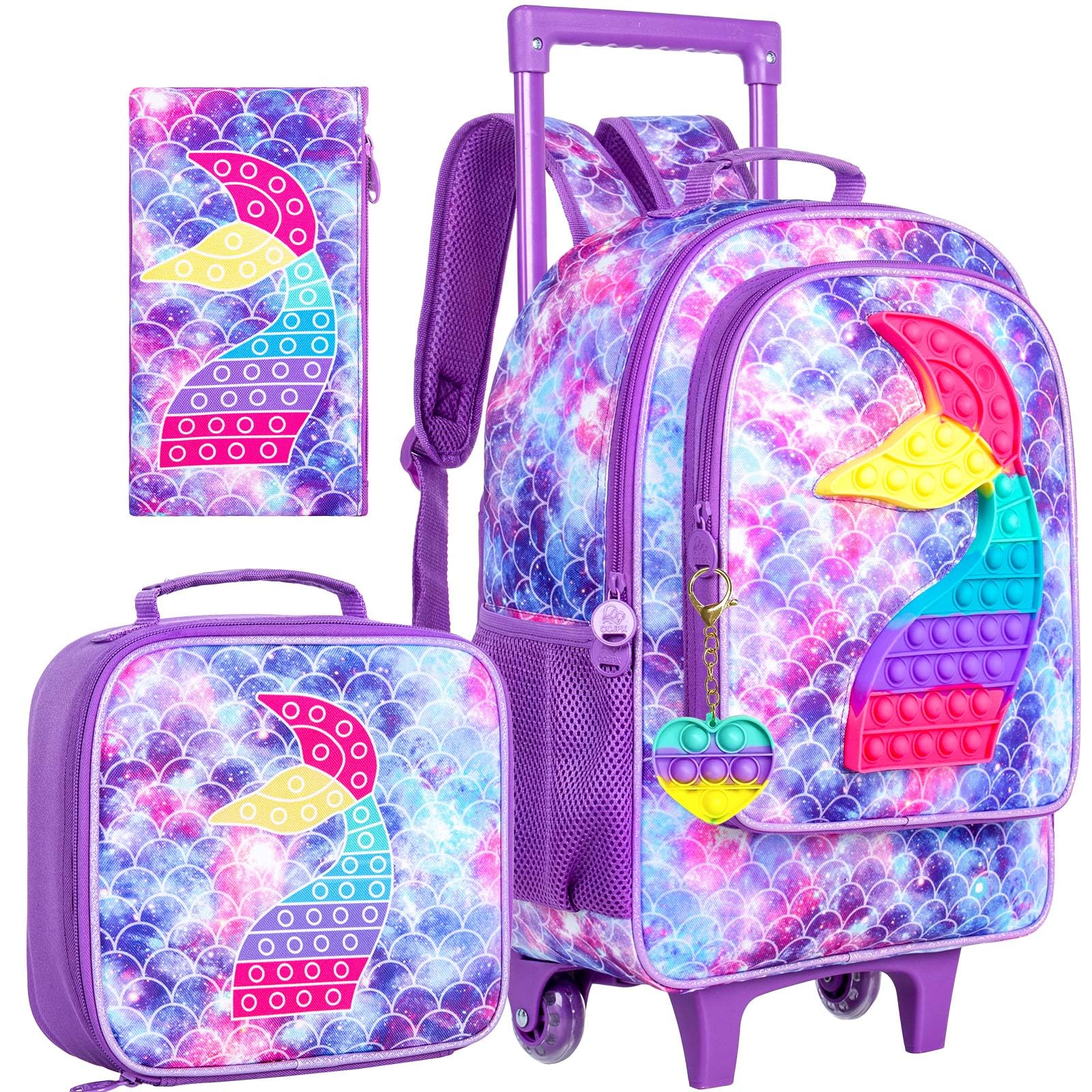 CCJPX 3Pcs Mermiad Roller Backpack for Girls, Kids Rolling Wheeled Bookbag Toddler Elementary School Bag with Wheels - Purple