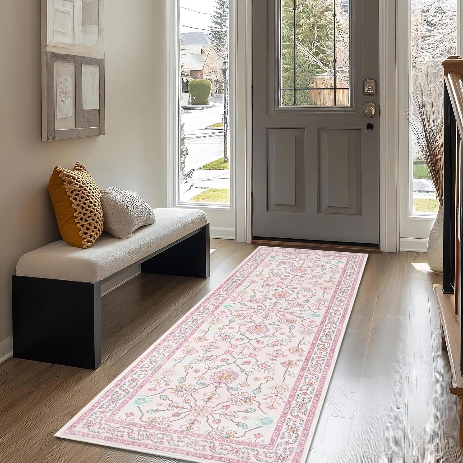 MOSISO 2x6 Area Rug for Bedroom, Soft Non-Slip Indoor Floor Low Pile Carpet, Classical Flowers Faux Wool Rectangular Washable Area Rugs for Home Decor Bedroom Dining Living Room Entryway, Pink
