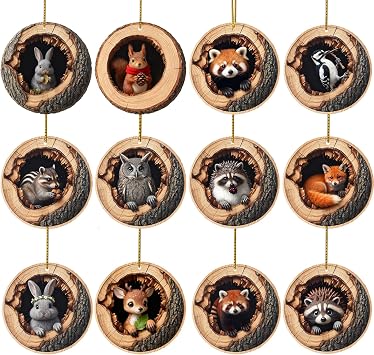 Animal Christmas Ornament 2D Flat Acrylic Forest Animal Decoration for Christmas Trees Hanging Decoration Gift 12pcsD
