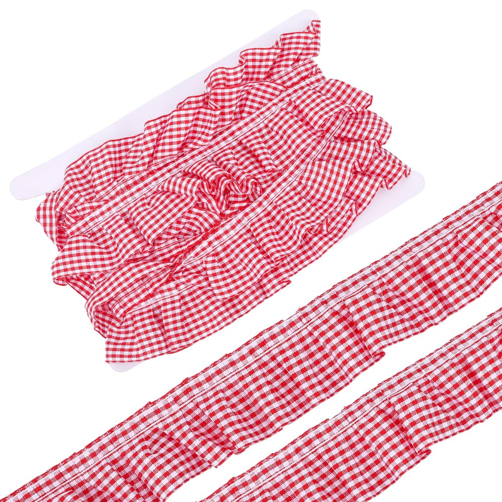 HOBBIESAY 5 Yard Red Gingham Ruffle Trim 1/2 Inch Wide Checkered Stretch Trimming Ruffle Pleated Lace Ribbon Plaid Edge Trims Pleated Edge Trim Hem Lace for Sewing Craft Garment Applique Home Decor