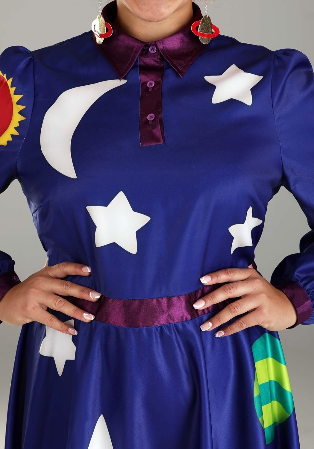 Plus Size Ms. Frizzle Costume - Sateen Dress with Planet Print, Rocket Shoe Clips, and Planet Earrings