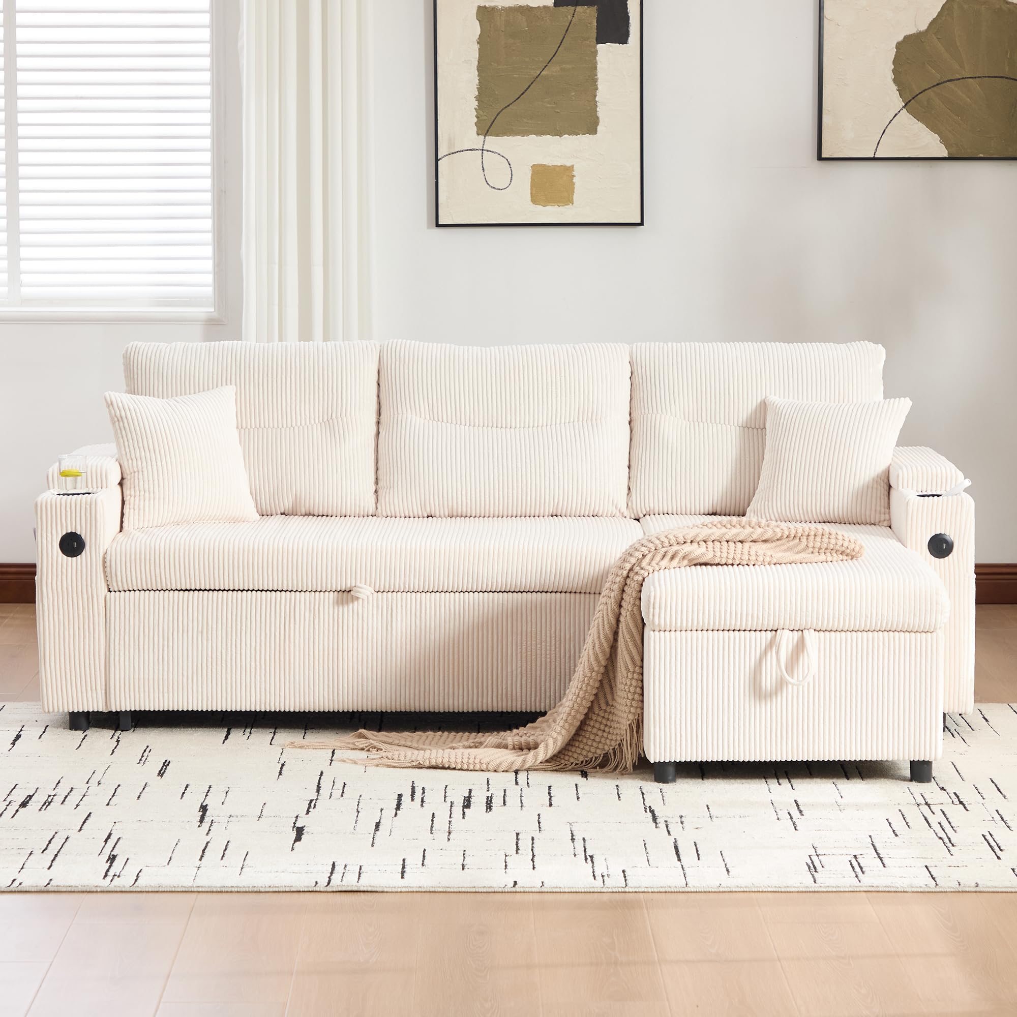 Sofá de 3 plazas con función de cama, chaise longue, espacio de almacenamiento, USB-C, sofá de pana, hidráulico, cama con cajón, soporte para bebidas