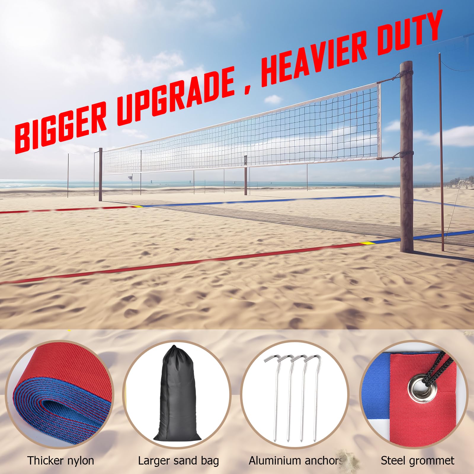 YUXUXU Professional Beach Volleyball Lines for Sand-2 Inch, Highly Visible, All-Weather, with Stainless Anchors & Sand Bags - Official Court 30' X 60'|Short Court 26.3' X 52.6'