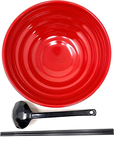Miniatura 5 de TJ Global Juego de cuencos de sopa de fideos japoneses de melamina roja y negra de 48 onzas de plástico duro para fideos asiáticos Udon Soba Pho, 8