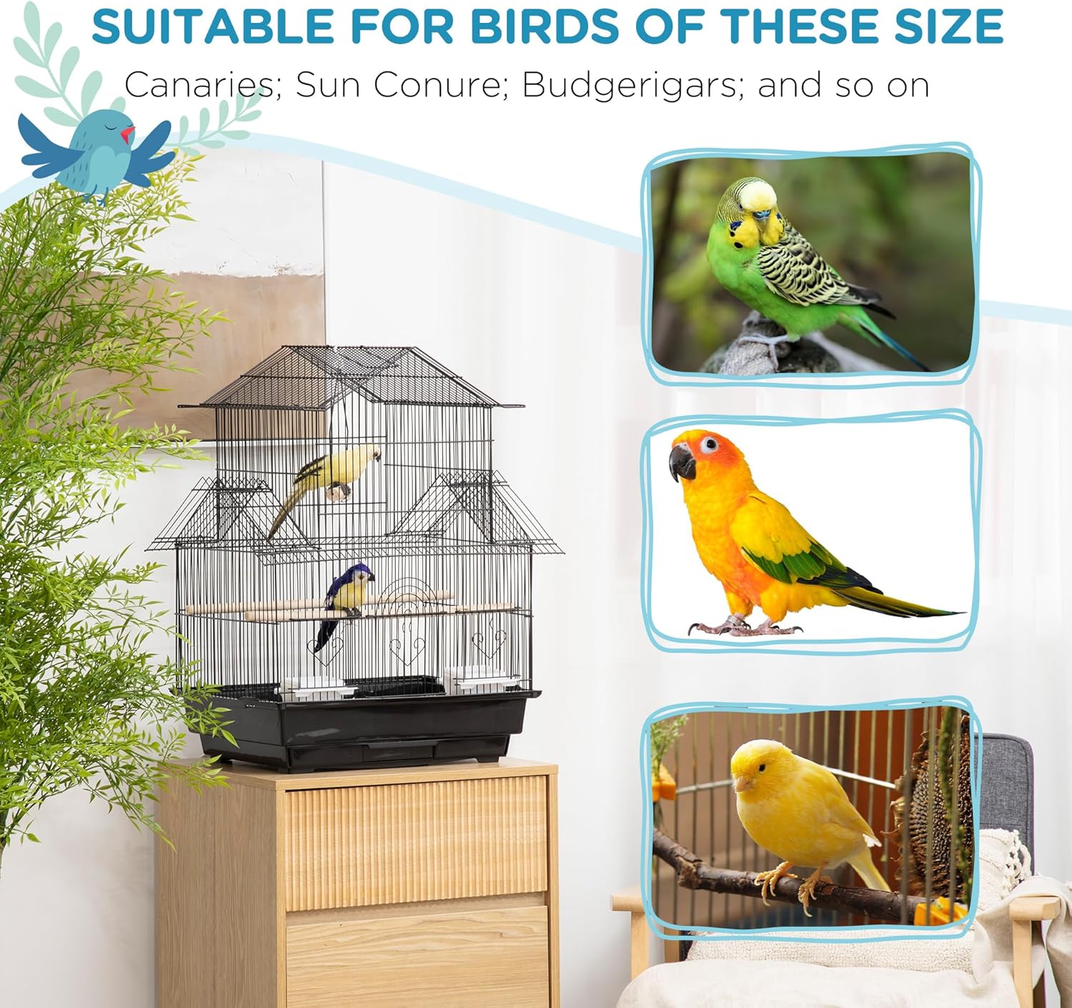PawHut Metal Bird Cage with Plastic Perch Food Container Tray Handle Pet Supply Small for Finch Canary Budgie 51 x 47 x 67cm Black