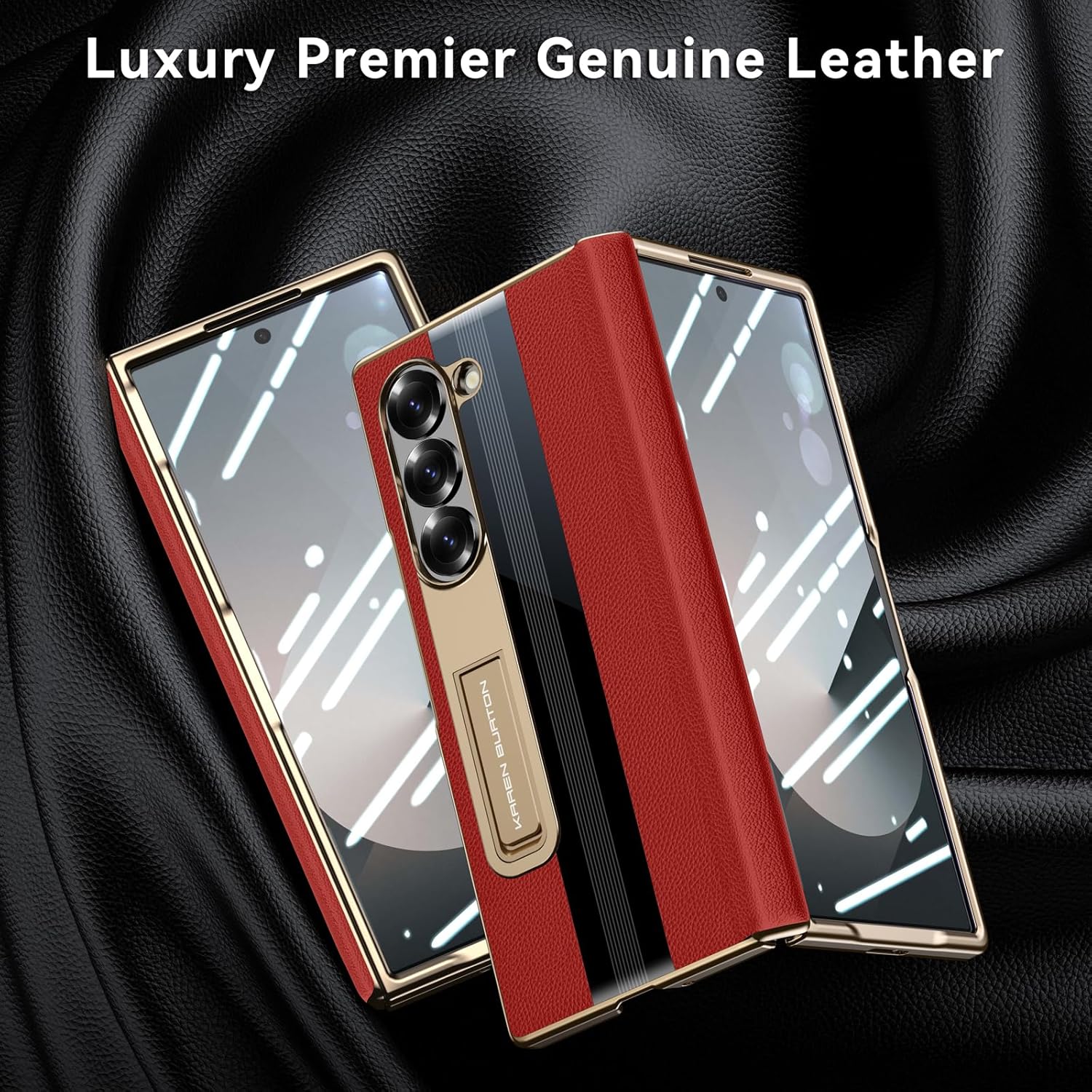 for Samsung Galaxy Z Fold 6 Phone Case [Luxury Premier Genuine Leather] [Full Body Hinge Protection] [Built-in Screen Protector] [Kickstand Slim Protective Cover] for Galaxy Z Fold6 (Red)