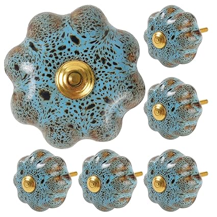 Ceramic Knob Cabinet Knobs Drawer Knob 6 Pcs Drawer Pull Glazed Ceramic Knobs with Pumpkin Shape for Decor Door Pull Handle for Vintage Cabinet Drawers, Closets, Cupboard (6, Blue)