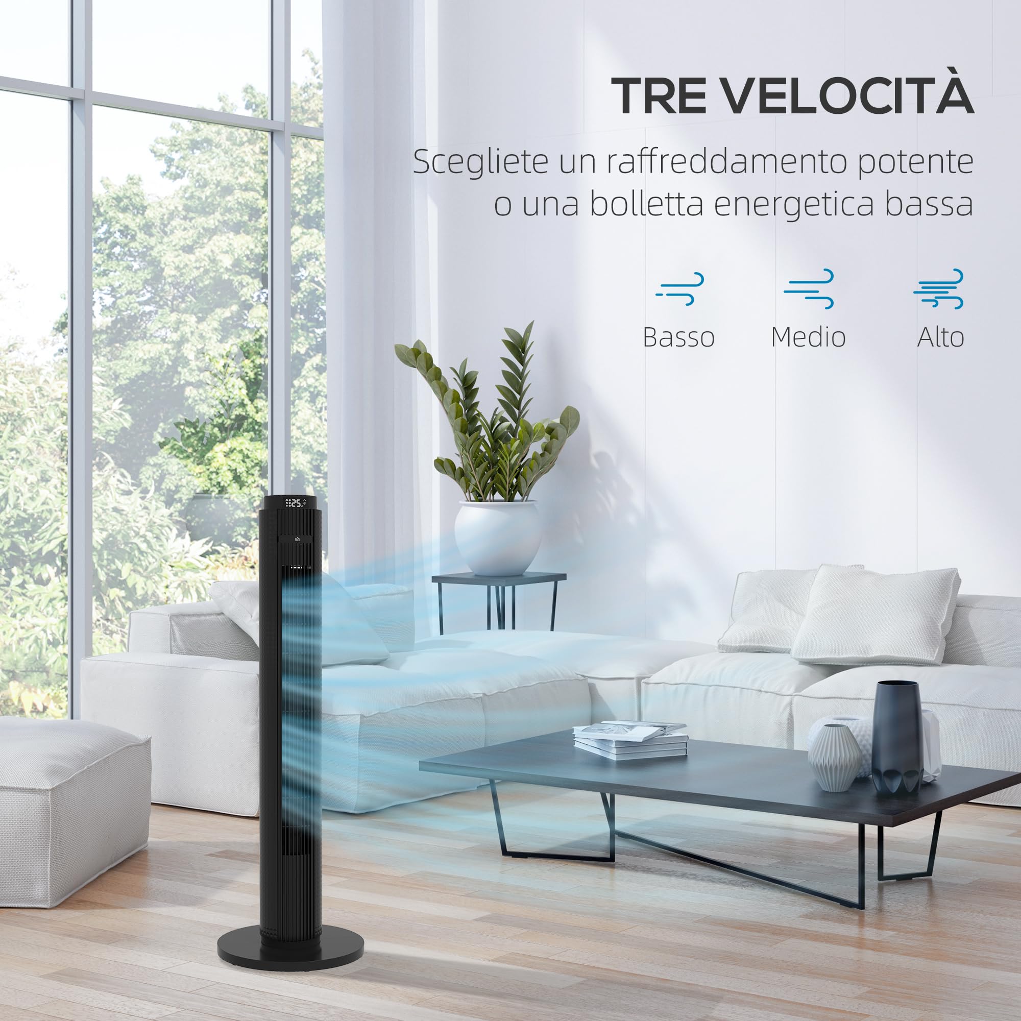 HOMCOM Ventilatore a Torre 45W a 4 Modalità e 3 Velocità con Timer da 12h, Ventilatore da Terra in ABS con Telecomando, Ø31.5x96 cm, Nero