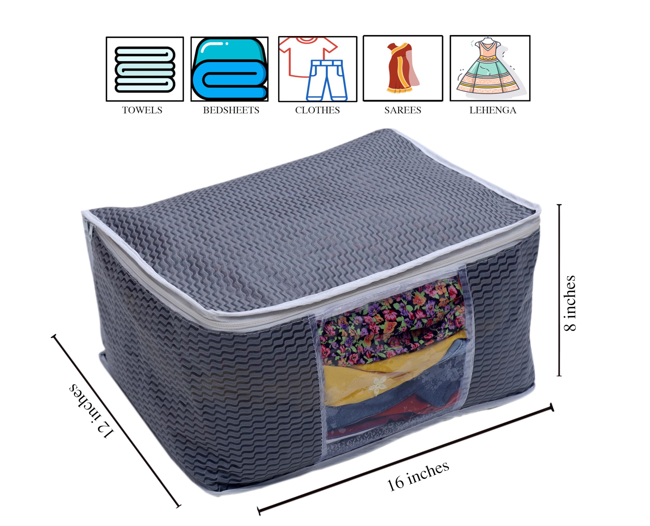 AAZEEM Juego de 6 cajas de almacenamiento plegables no tejidas impresas para sari, camisas y mantas/almacenamiento de tela/organizador con ventana transparente (gris)