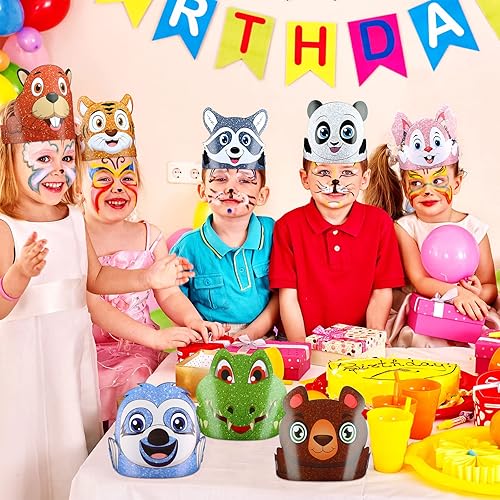 Miniatura 4 de Tinlade 48 sombreros de animales para niños, selva, safari, animales, de papel, coronas, diademas a granel, regalos de fiesta de cumpleaños de