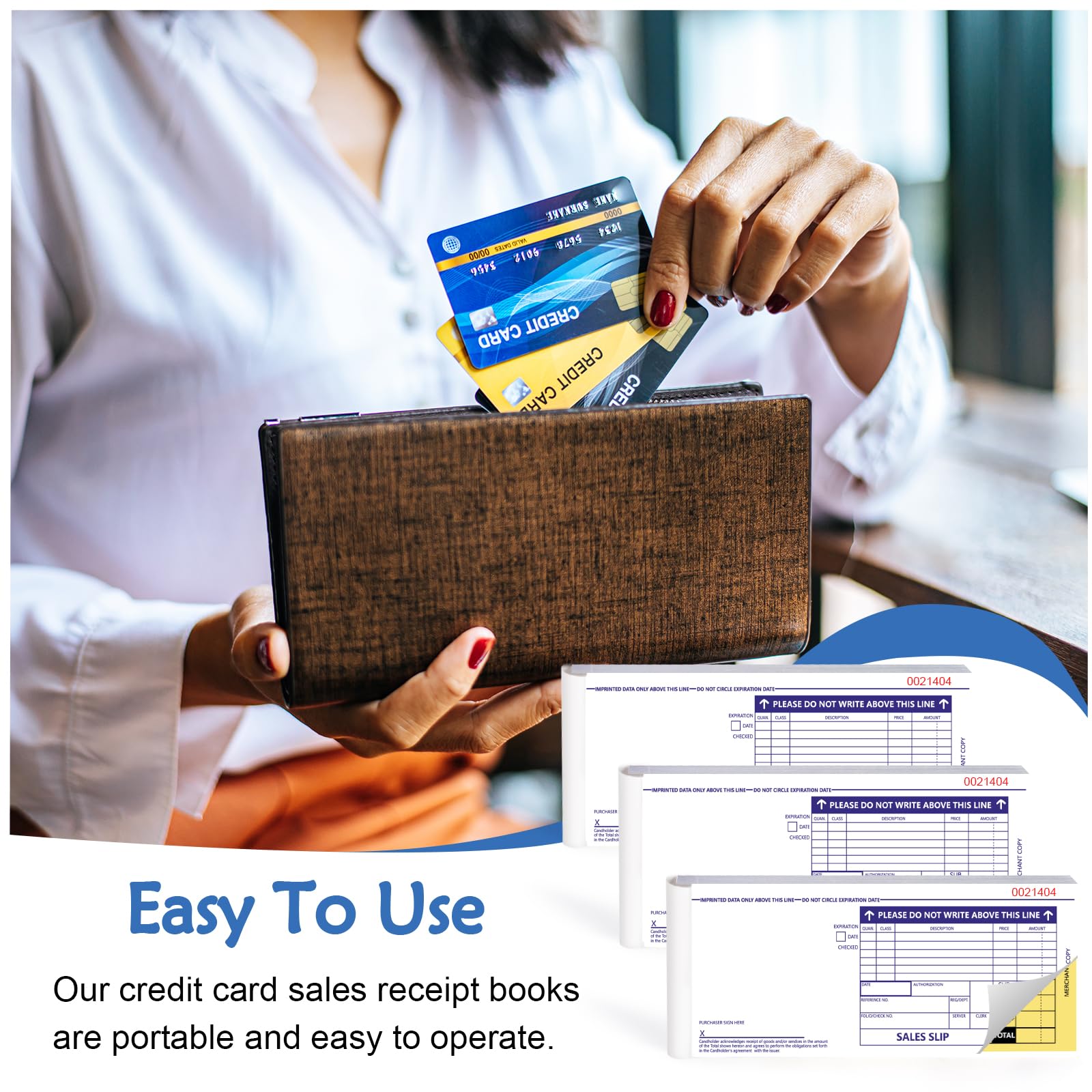 Paquete de 100 tarjetas de crédito largas de 7.9 x 3.3 pulgadas, libro de recibos de tarjetas de crédito, imprinter de tres partes, sin carbón, se vende como 1 paquete para oficina (100 paquetes de