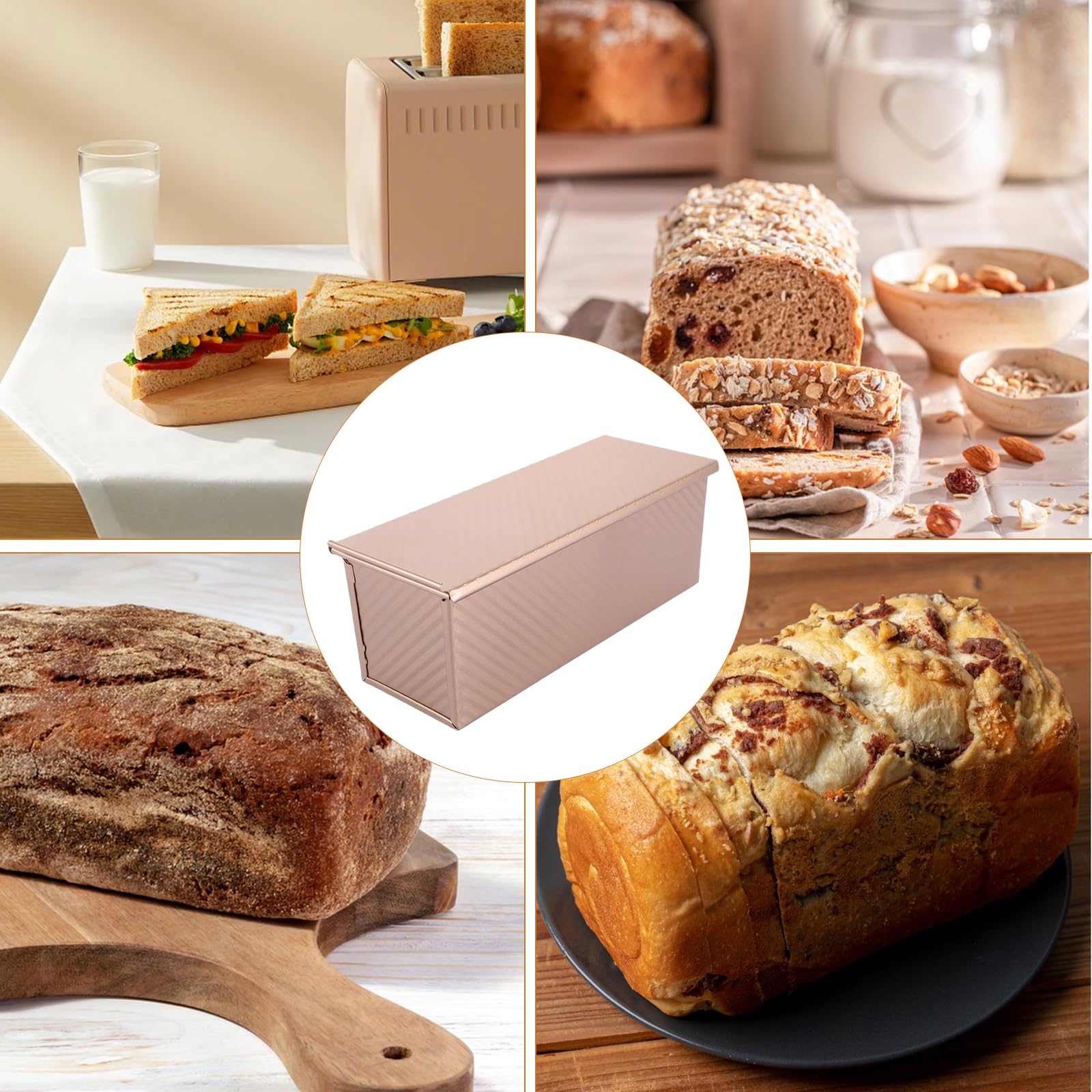 Teglia per pane tostato, con coperchio, 1000 g, per pane, pane e toast con coperchio, antiaderente, per pane, pane, pane, toast e torte, oro rosa
