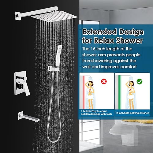 Miniatura 13 de Sistema de ducha de lluvia con boquilla de bañera, ducha de lluvia de 10 pulgadas y de mano, juego completo de grifo de ducha con válvula áspera