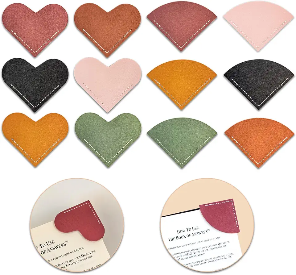 12 marcadores de livro de couro para mulheres, crianças, estudantes, professores, clube (6 corações e 6 ventiladores)