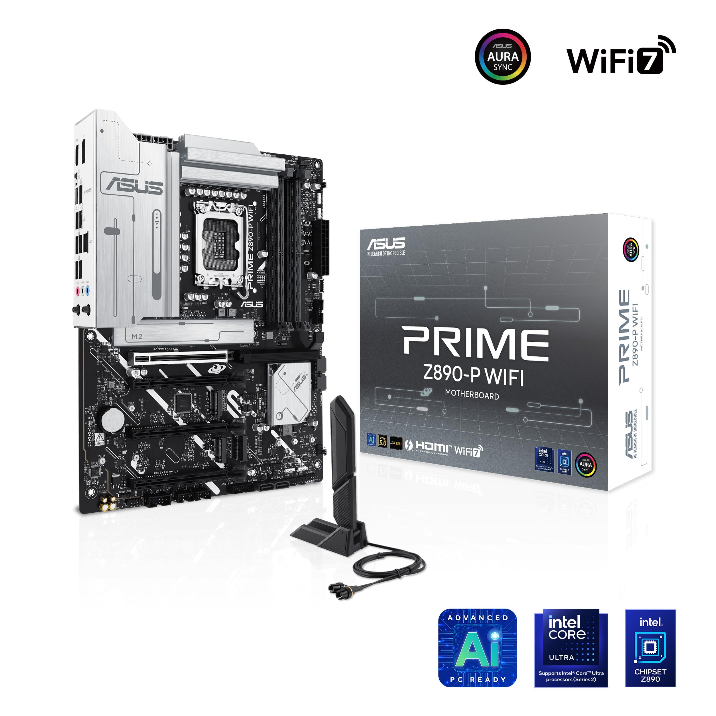 ASUS Prime Z890-P WiFi – Carte mère Gaming Intel ATX (DDR5, 14+1+2+1 80A DrMOS, PCIe 5.0, Thunderbolt 4 USB Type-C, Wi-FI 7, Q-Antenna, Aura Sync RGB)