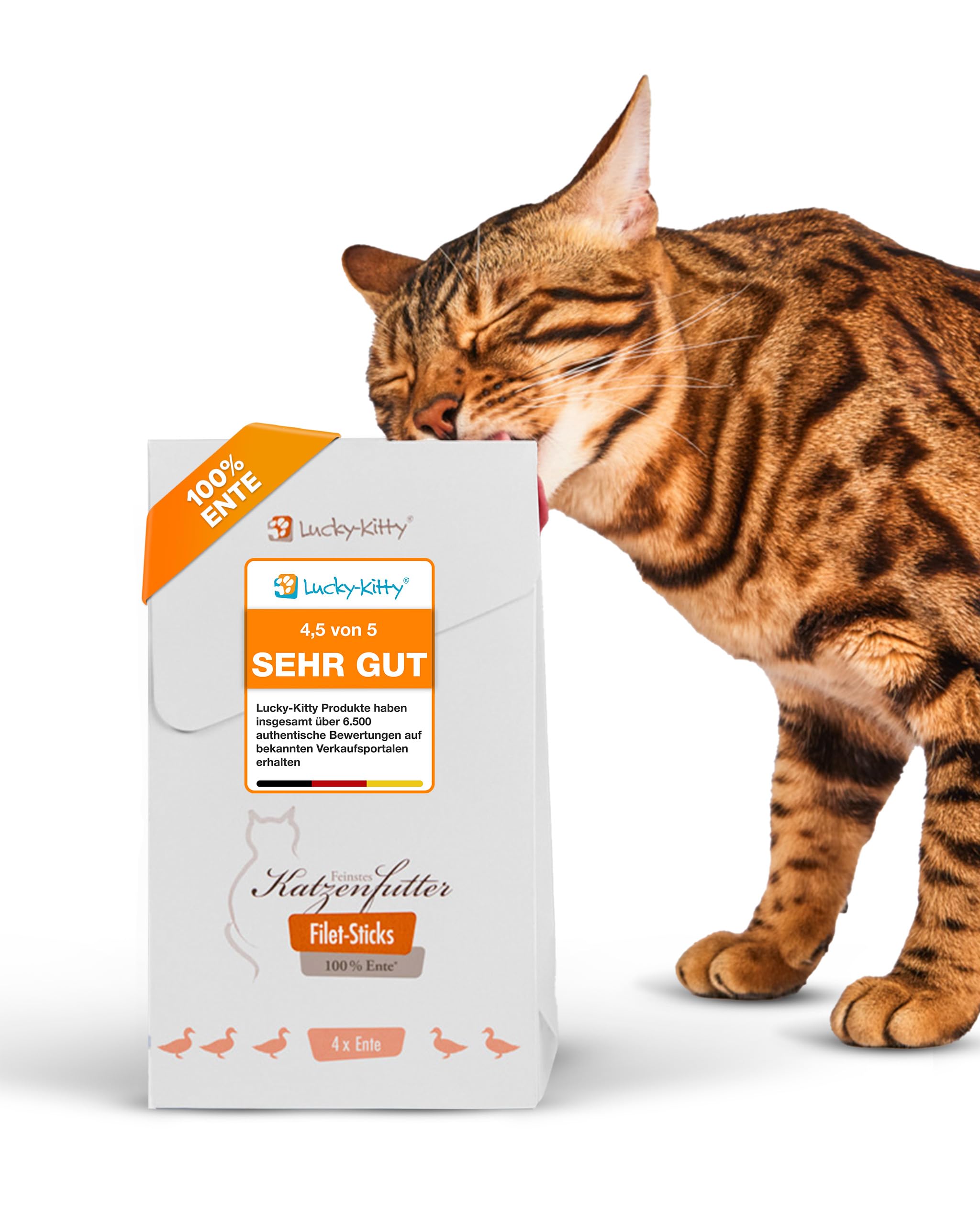 Lucky-Kitty Premium Katzensnacks I 1x4 Filet Sticks I Leckerli für Katzen, 100% Filet im Fleischanteil I Saftig & nährstoffreich; ohne Getreide, Zucker I Artgerechte Katzensticks (4 x 22g, Ente)