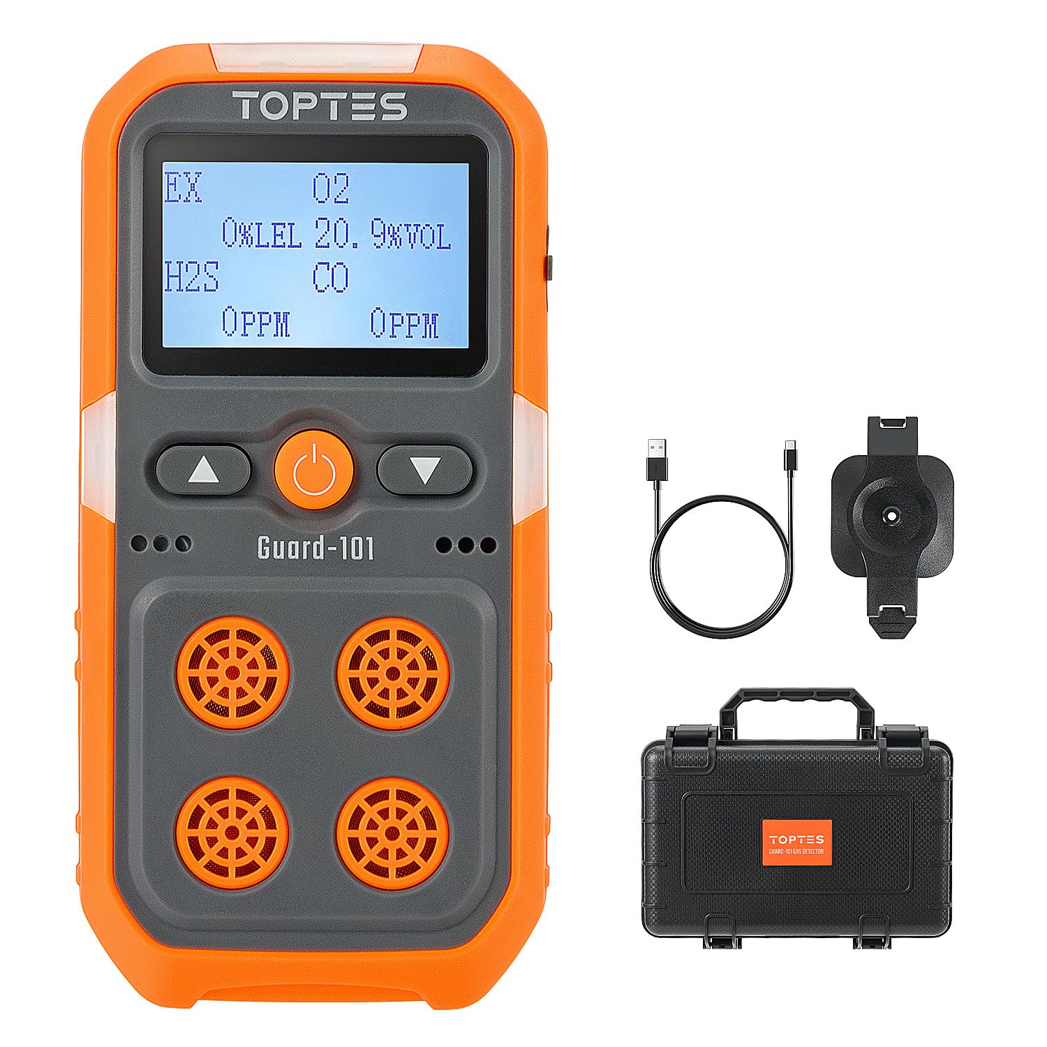 TopTes Guard-101 Detector de Gas, Monitor de 4 Gases para H2S, CO, LEL y O2, con Alarmas de Vibración, Visuales y Sonoras, 14h de Autonomía, Seguridad Antidesflagrante, para Trabajo y Casa - Naranja
