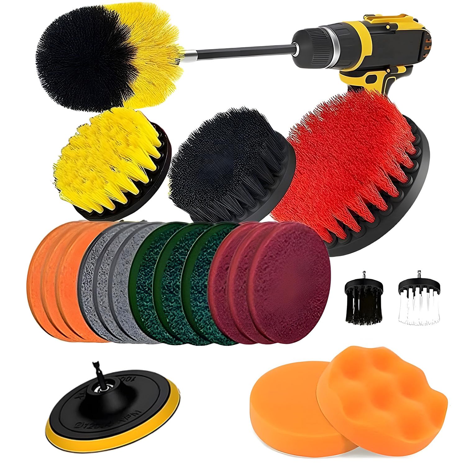 Aputue Drill Brush Attachments Set, Drill Scrubber Brush Kit 22 Pack with Scrub Pads and Sponge Drill Brush Power Scrubber, with Extend Long Attachment for Bathroom, Kitchen, Grout, Tub, Tile