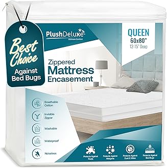 PlushDeluxe Zippered Mattress Encasement, Waterproof, Bed Bug & Dust Mite Proof 6-Sided Protector Cover, (Fits 9-12 Inches H) Queen Size