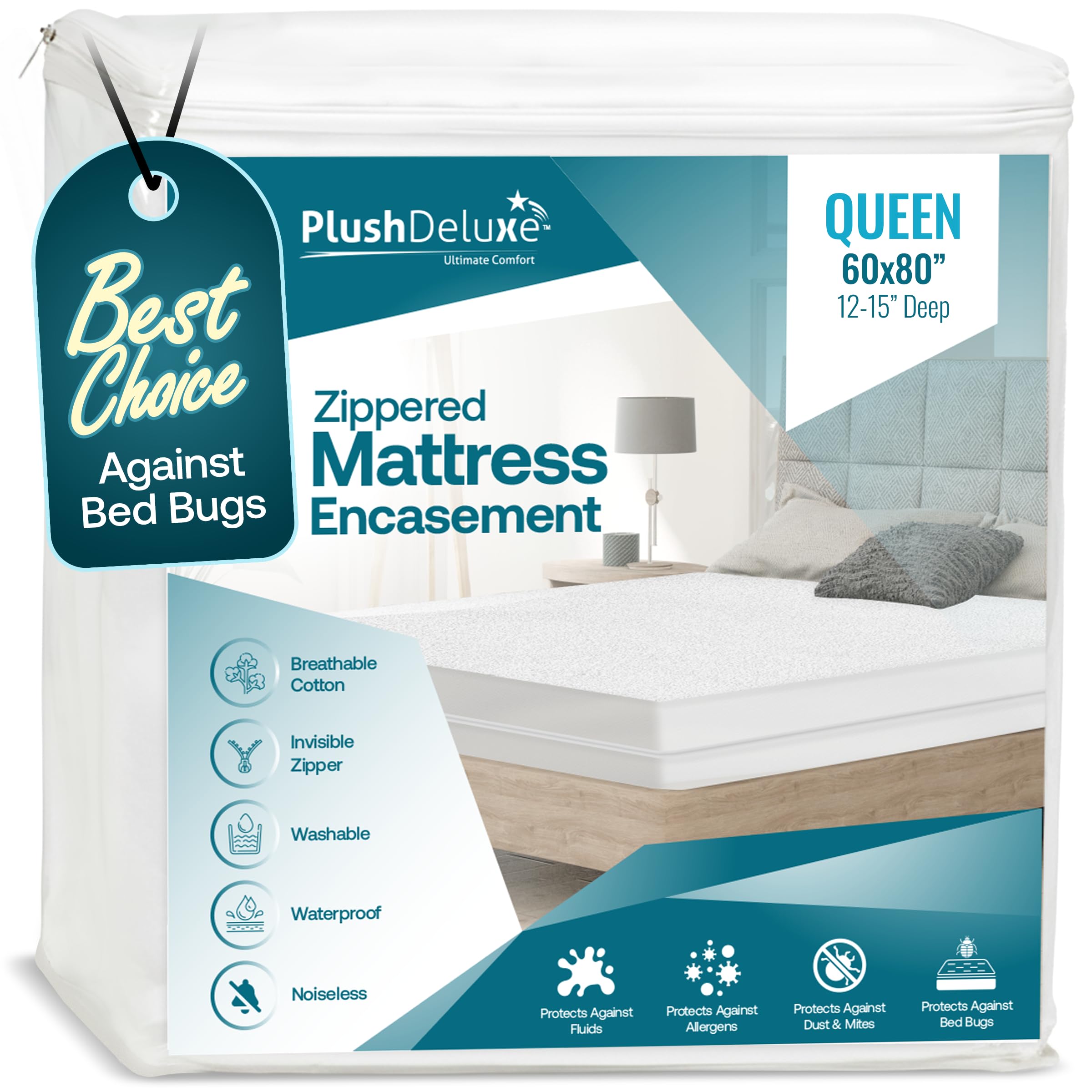 Premium Zippered Mattress Encasement, 100% Waterproof, Bed Bug/Dust Mite Proof And Hypoallergenic Cotton Terry Surface, 6 Sided Mattress Protector (Fits 30cm - 38cm H) QUEEN SIZE, 10-Year Warranty