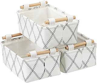 3 Pcs Small White Basket Toy Storage Basket Decorative Collapsible Rectangular Fabric Storage Bin Organizer Basket with Wooden Handles for Gifts Clothes Storage Bathroom Towel Basket Toy Basket