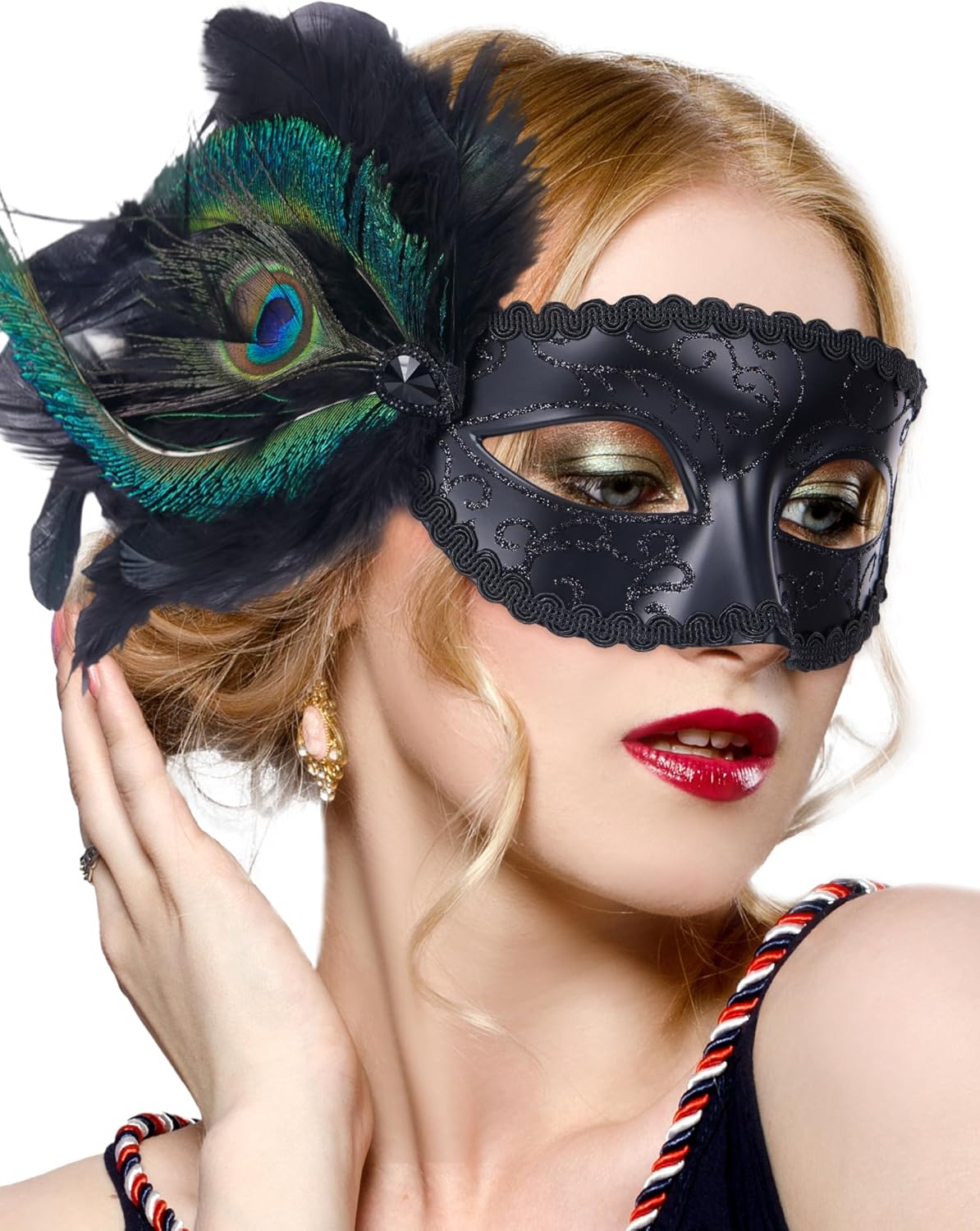 Halloween Masquerade Masks for Women - 2026 Peacock Feather Mask for Men Couples, 1920s Venetian Eyemask for Party