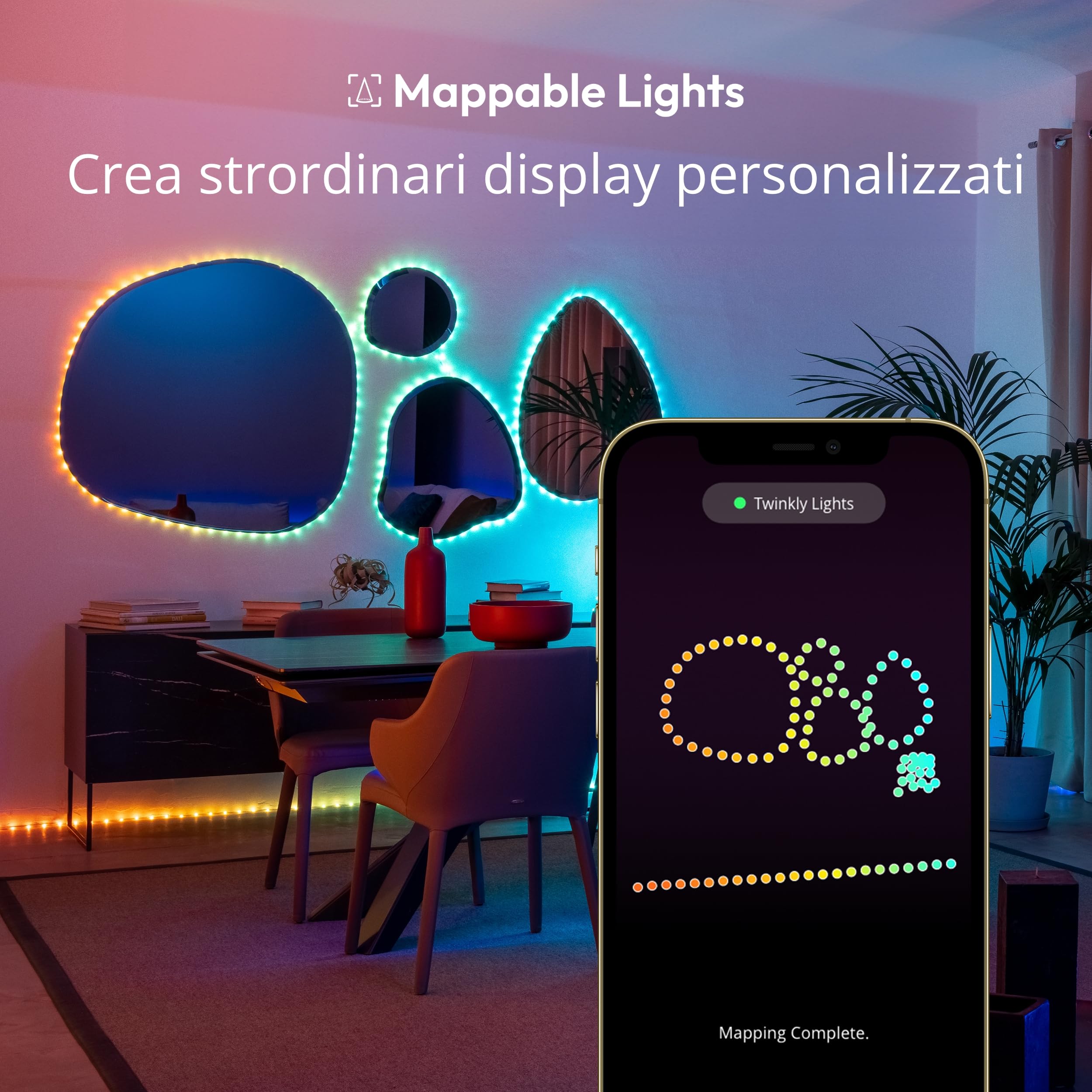 Twinkly Dots 10m, Striscia LED Multicolore per Esterno e Interno, Striscia LED RGB Flessibile, Compatibile con Alexa e Google Home, IP44, 16M+ Colori, Controllo App, Filo Trasparente, 200 LED