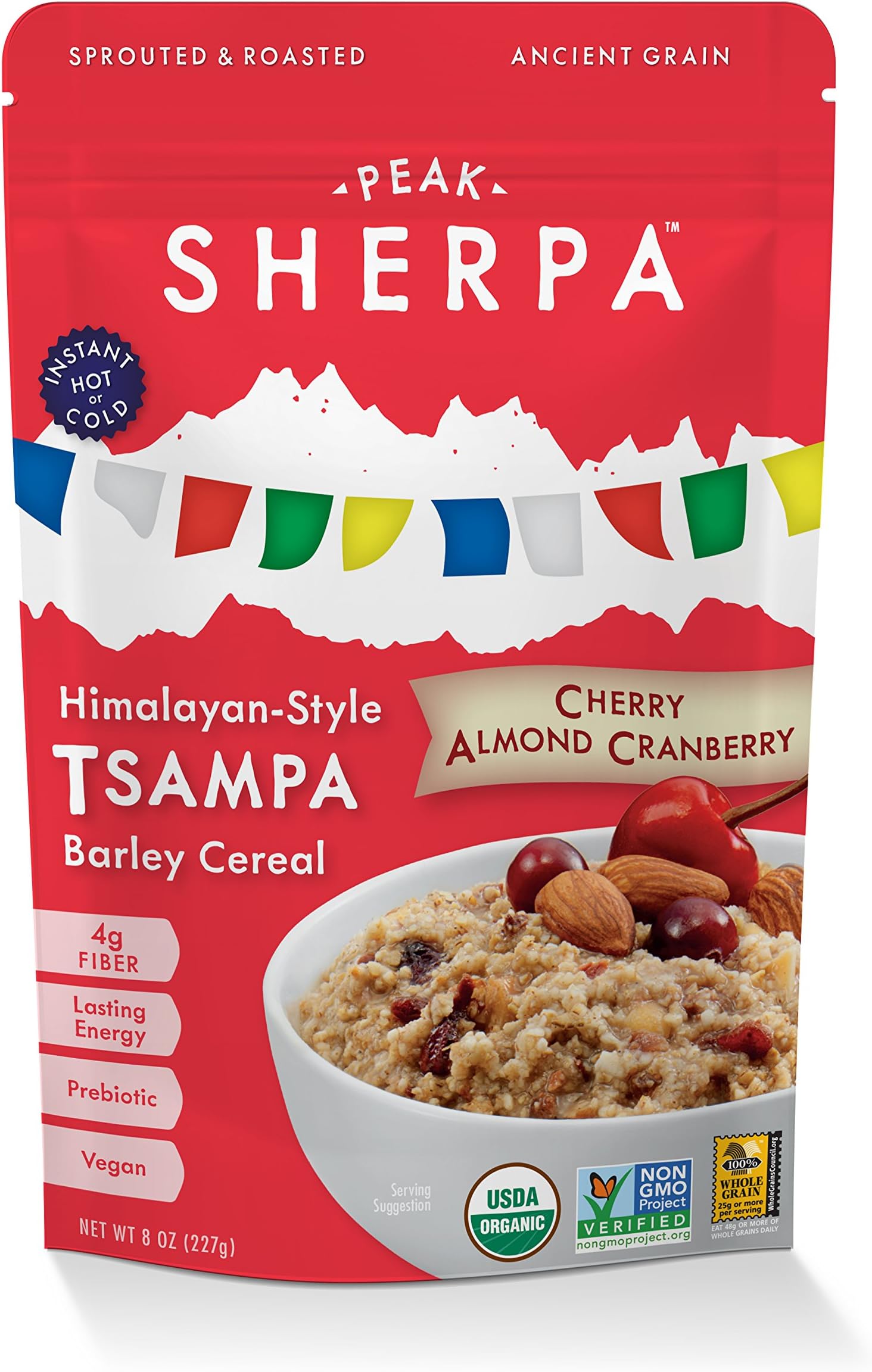 Peak Sherpa Tsampa Cereal, Cherry Almond Cranberry Flavor, One 8 Ounce Pouch, Ready to Eat, Certified Organic, Sprouted & Roasted Whole Grain Barley Cereal