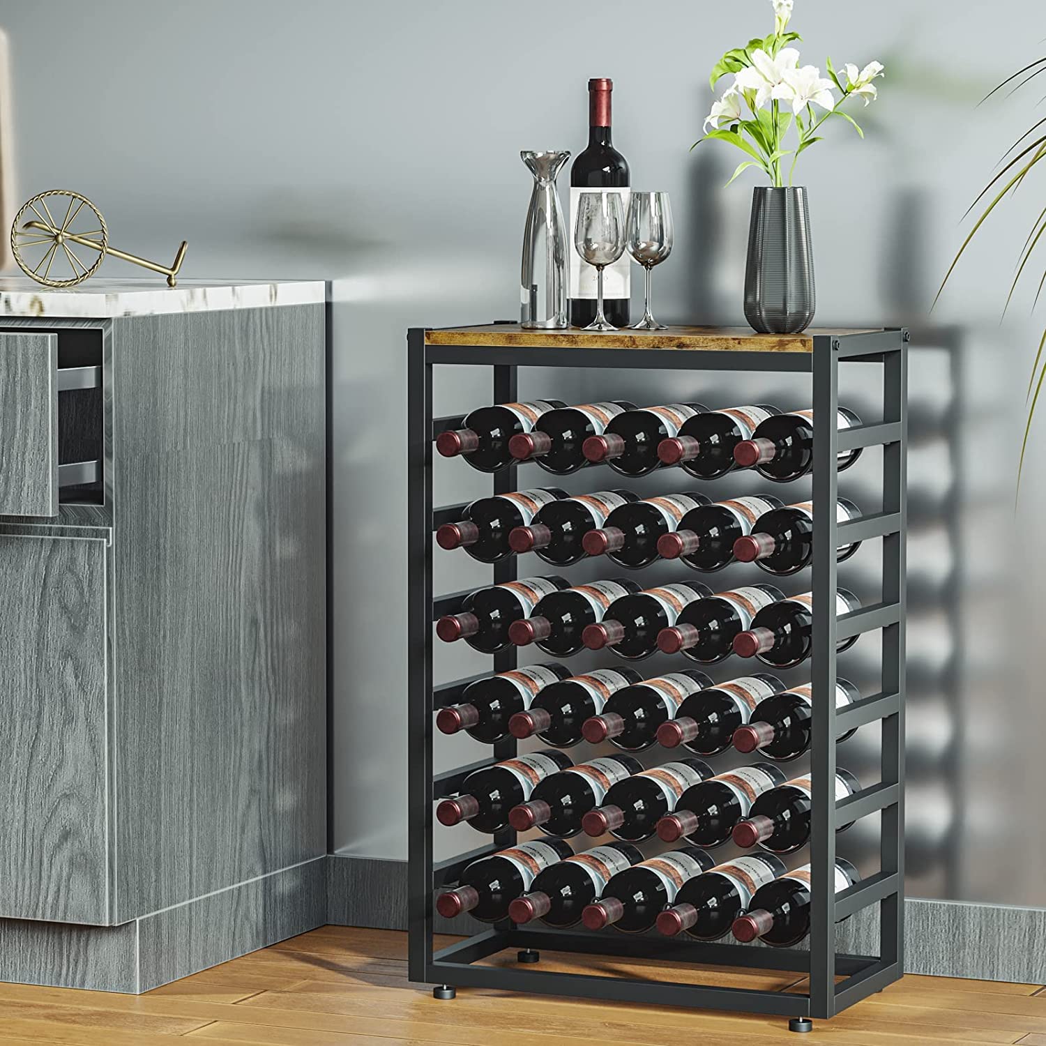 Dripex Weinregal für 30 Flaschen, Flaschenregal mit 6 Etagen, Vintage Weinständer Metall für Keller, bar und lagerraum, Flaschenhalter mit Tischplatte 59 x 30 x 88 cm, Vintagebraun-schwarz