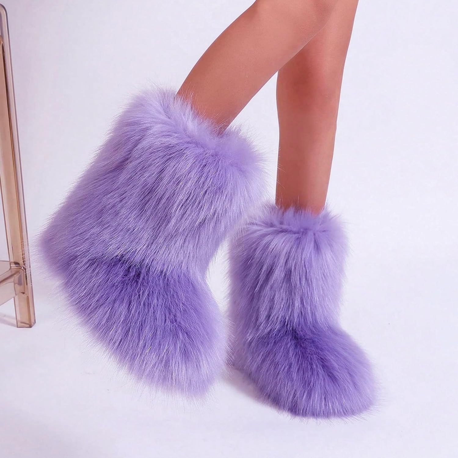Furry Boots for Women Fuzzy Fluffy Snow Boot Faux Fur Colorful with Round Toe Water Resistant Flat Shoes Rubber Sole for Girls Outdoor Christmas Fashion Party Gifts