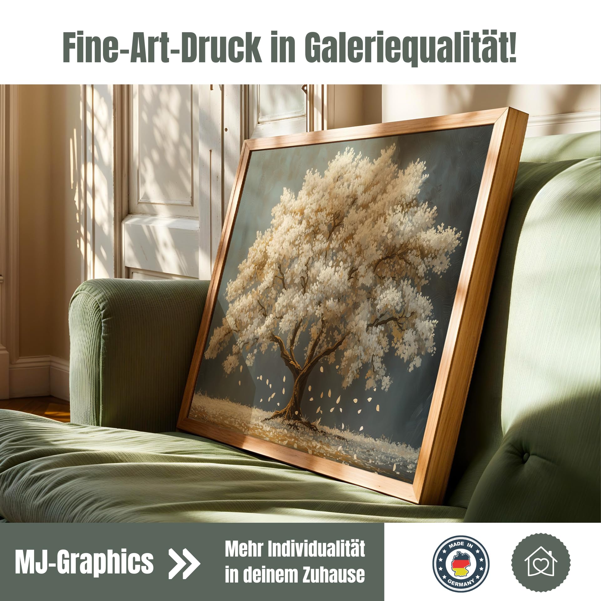MJ-GRAPHICS® 91,5x61cm Poster Baum Weiß Gold XXL großes Bild Wandbild Kunstdruck Modern Landschaft Wohnzimmer Wanddeko Kunstdruck Design Bild auf Poster für Wohnzimmer Büro ungerahmt
