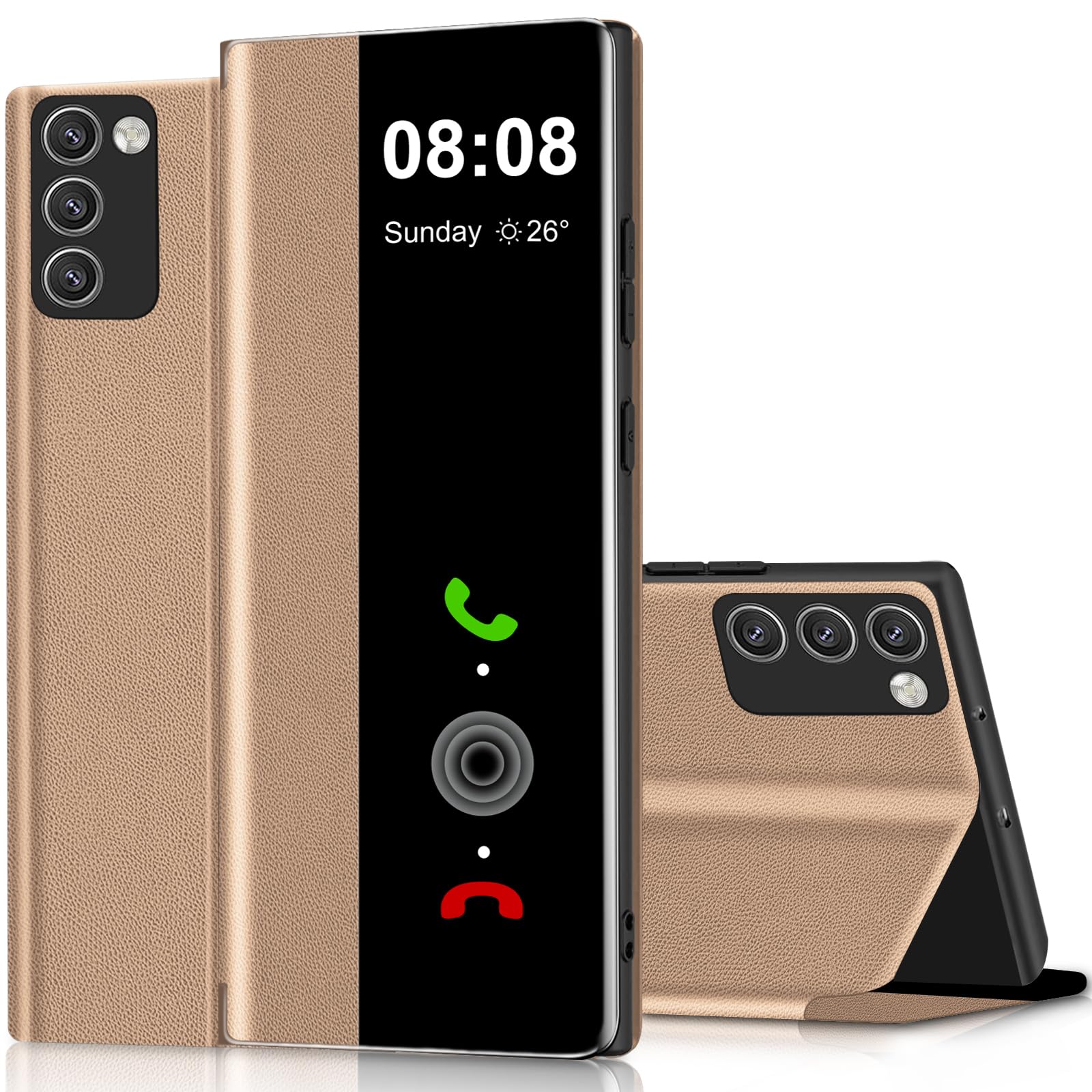 Flip Case for Samsung Galaxy S20 FE Case S View, Clear View Folio PU Leather TPU inner Protective Phone Case, with Kickstand 360 Degrees Shockproof Anti-Scratch Flip Cover (Gold)