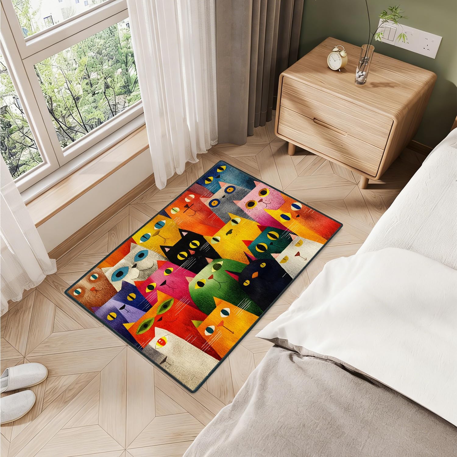 Colorful Whimsical Cats 2x3 Entry Rug, Washable Small Rugs for Entryway Kitchen Bathroom Door Mat Indoor Entrance,Non Slip Rubber Backing,Stain & Fade Resistant, Playful Pop Art Decor