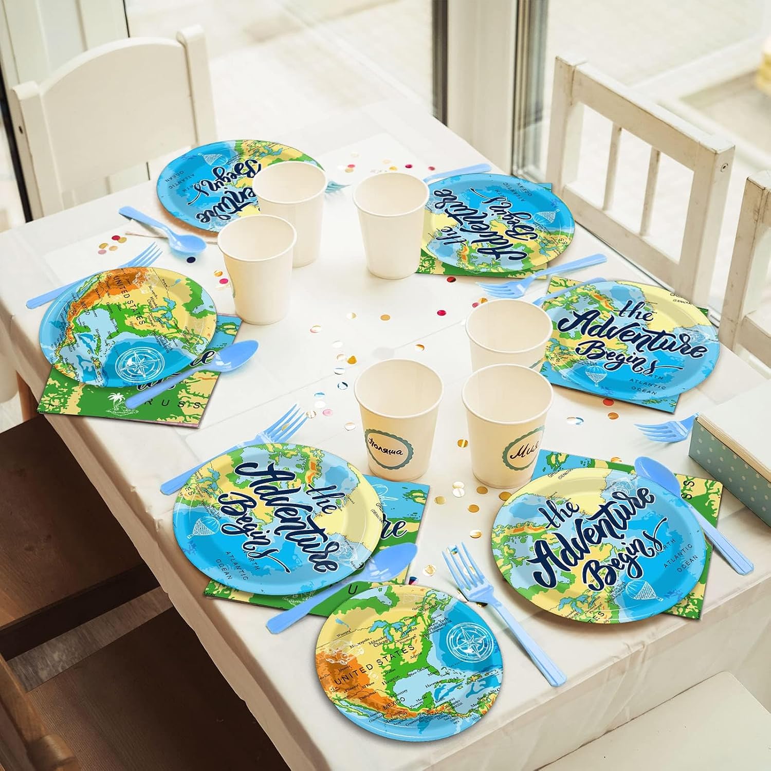 Wiooffen 96 Pcs Adventure Awaits Party Supplies Travel Map Birthday Plates Napkins Forks for Birthday Retirement Going Away Bon Voyage Paper Tableware Set Adventure World Party Decorations 24 Guests