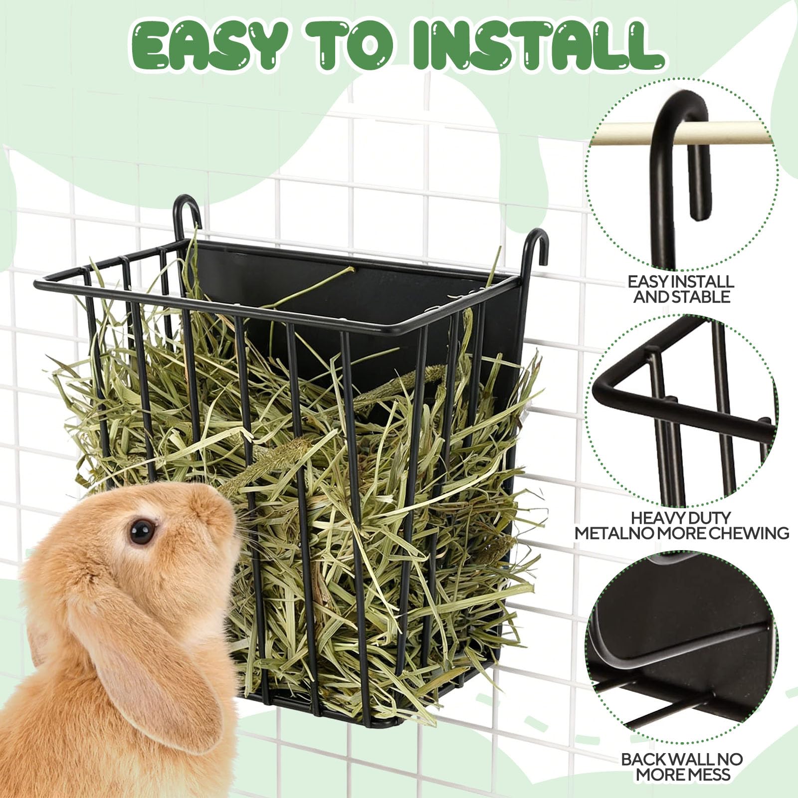 Comedero de heno para conejos, estante de heno colgante de metal con dispensador de bebidas de 125 ml, estante de almacenamiento de suministros de alimentos para mascotas pequeñas, accesorio de jaula