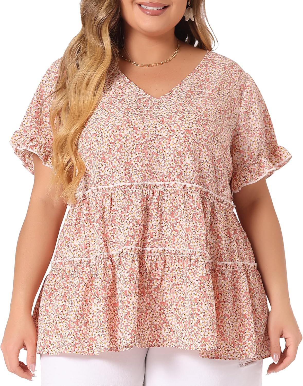 Agnes Orinda Plus Size Women's Blouse Summer Tops V Neck Short Sleeve 2025 Boho Floral Babydolls Blouses