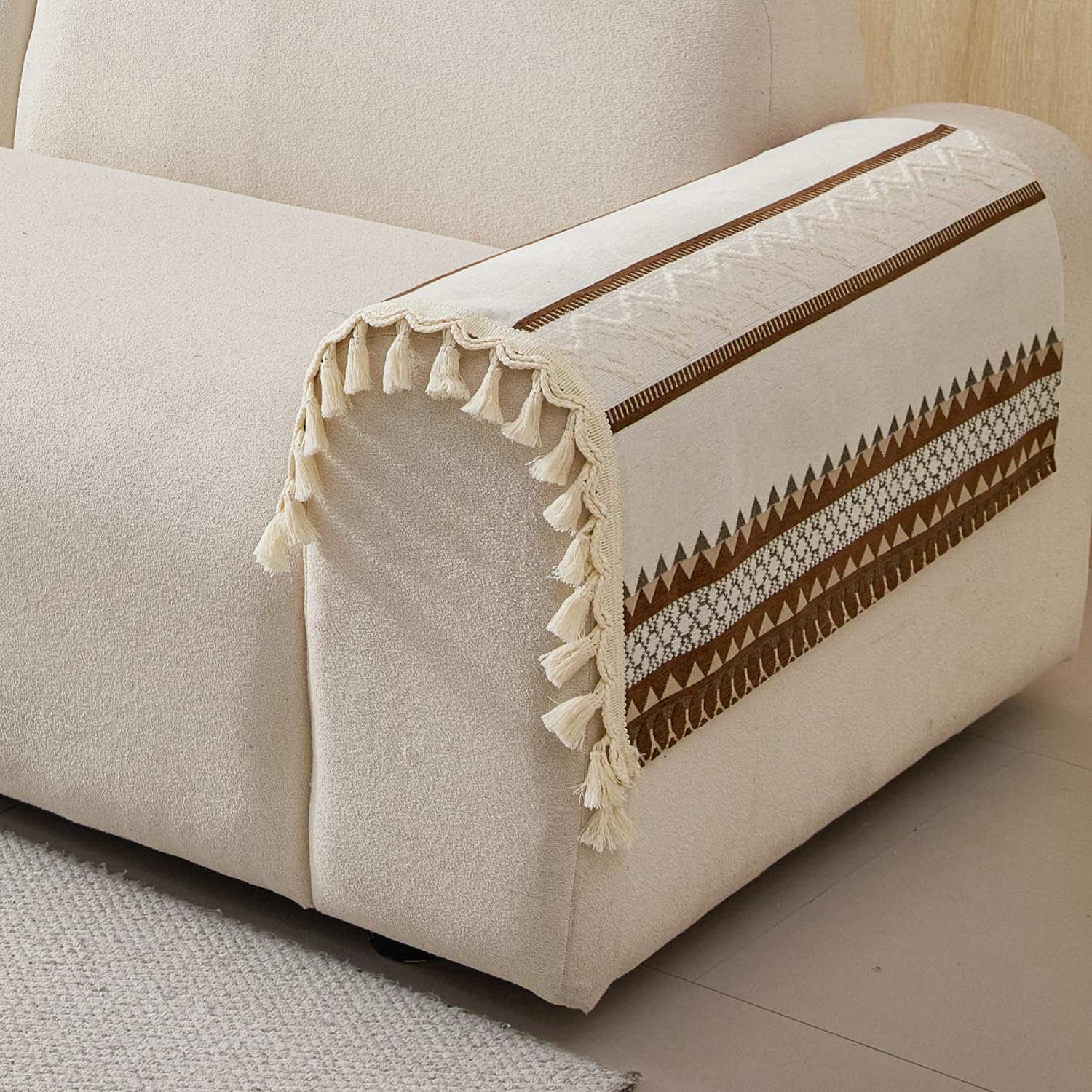 House of Quirk ‘Banjara Weave Series’ Tassel Chenille Couch Cover – Quilted Non-Slip Washable Sofa Slipcover, Boho Tribal Design (2 pcs Armrest, Cream, 50x70 cm)-picture-32