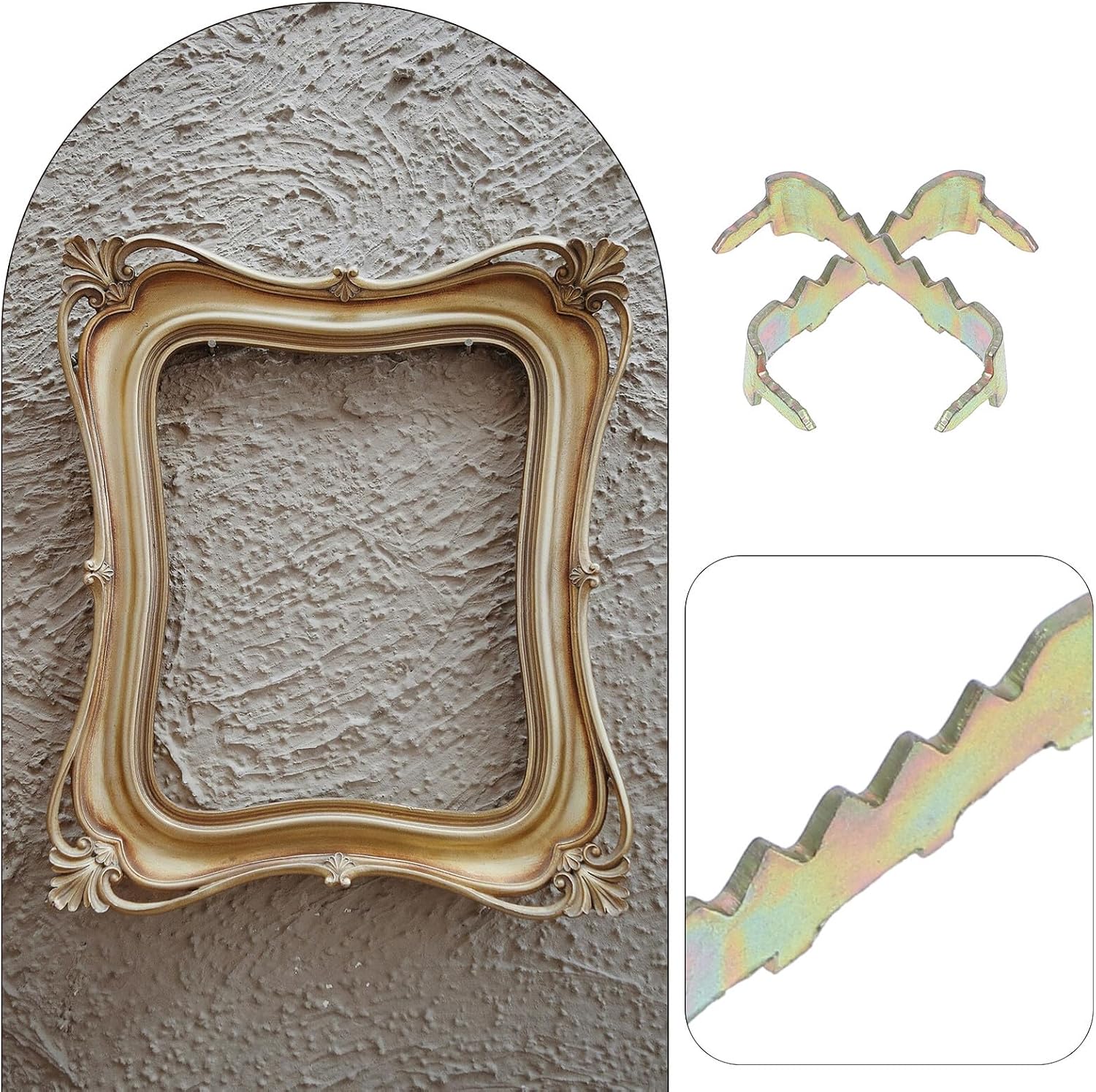 100pcs Brass Plated Picture Frame Hooks with Serrated Hangers and Metal Backing Clips for Wood and Metal Frames, Nail-Free Picture Hanging Hardware for Wall Decoration